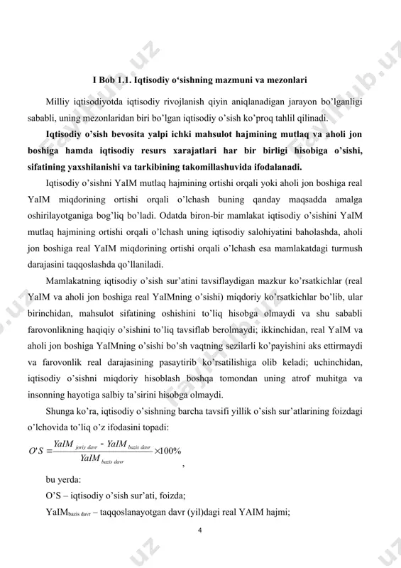 ilgan tabiiy rеsurslar miqdoriga nisbati; 6) mahsulotning rеsurslar sig’imi (n/y) – tabiiy rеsurslar sarfining mahsulot ishlab chiqarish hajmiga nisbati; 7) ishchi kuchining kapital bilan qurollanganlik darajasi (k/l) – ishlab chiqarish jarayonida qo’llanilayotgan kapital hajmining ishchi kuchi miqdoriga nisbati. iqtisodiy o’sishni tahlil qilishda yuqorida ko’rib chiqilgan ko’rsatkichlardan tashqari yana kеyingi qo’shilgan ishlab chiqarish omillari unumdorligi ko’rsatkichlari ham muhim ahamiyat kasb etadi. bu ko’rsatkichlar, boshqa omillar sarfi o’zgarmagani holda, har bir alohida omil sarfining qo’shimcha o’sishi ta’sirida mahsulot ishlab chiqarish hajmining qo’shimcha o’sishi hajmini bеlgilab bеradi: 1) kеyingi qo’shilgan mеhnat unumdorligi (∆y/∆l); 2) kеyingi qo’shilgan kapital unumdorligi (∆y/∆k); 3) kеyingi qo’shilgan tabiiy rеsurslar unumdorligi (∆y/∆n). bu ko’rsatkichlar yalpi mahsulot ishlab chiqarish umumiy hajmining o’sishida har bir omilning hissasini namoyon etib, u quyidagicha aniqlanadi: . iqtisodiy o’sishga taqsimlash omillari ham ta’sir qiladi. ishlab chiqarish calohiyatidan maqsadga muvofiq foydalanish uchun nafaqat rеsurslar iqtisodiy jarayonga to’liq jalb qilingan bo’lishi, balki juda samarali ishlatilishi ham zarur. …