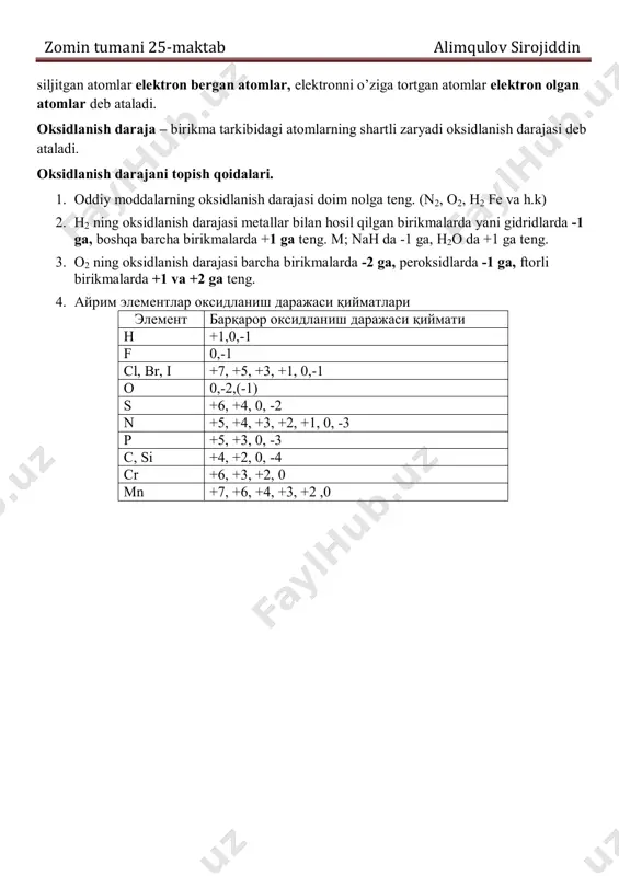 in siljitgan atomlar elektron bergan atomlar, elektronni o’ziga tortgan atomlar elektron olgan atomlar deb ataladi. oksidlanish daraja – birikma tarkibidagi atomlarning shartli zaryadi oksidlanish darajasi deb ataladi. oksidlanish darajani topish qoidalari. 1. oddiy moddalarning oksidlanish darajasi doim nolga teng. (n2, o2, h2 fe va h.k) 2. h2 ning oksidlanish darajasi metallar bilan hosil qilgan birikmalarda yani gidridlarda -1 ga, boshqa barcha birikmalarda +1 ga teng. m; nah da -1 ga, h2o da +1 ga teng. 3. o2 ning oksidlanish darajasi barcha birikmalarda -2 ga, peroksidlarda -1 ga, ftorli birikmalarda +1 va +2 ga teng. 4. айрим элементлар оксидланиш даражаси қийматлари элемент барқарор оксидланиш даражаси қиймати h +1,0,-1 f 0,-1 cl, br, i +7, +5, +3, +1, 0,-1 o 0,-2,(-1) s +6, +4, 0, -2 n +5, +4, +3, +2, +1, 0, -3 p +5, +3, 0, -3 c, si +4, +2, 0, -4 cr +6, +3, +2, 0 mn +7, …