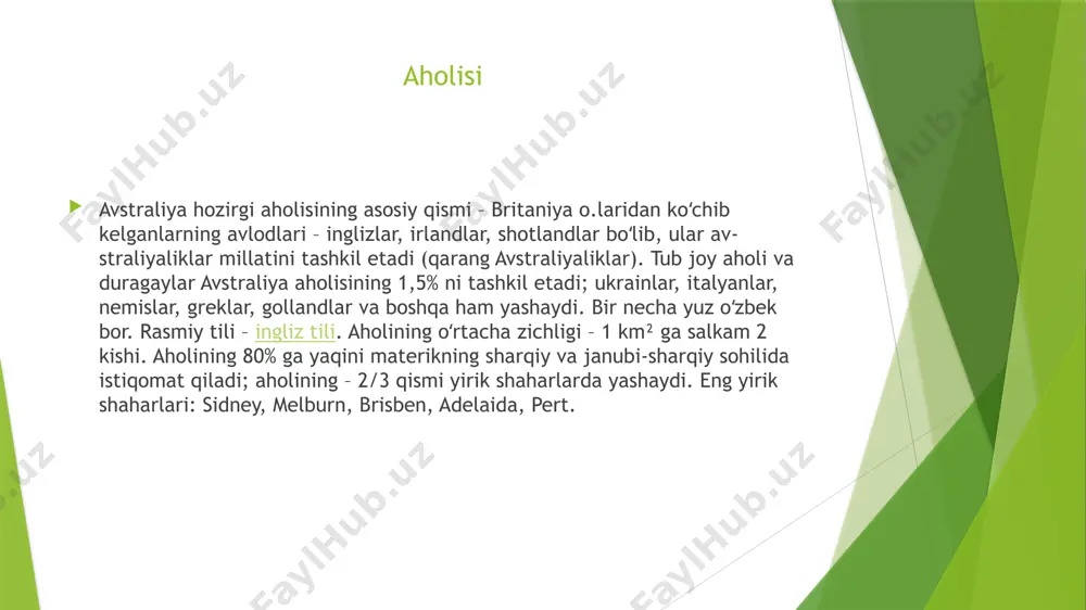 pa, suli, supurgi, joʻxori, sholi, makkajoʻxori, kartoshka, paxta, tama-ki, uzum, mevali daraxtlar. bir yilda oʻrtacha 3,7 mln. t. shakar xom ashyosi, 3,7 mln. t. goʻsht, 720 ming t. jun yetishtiradi. transporti 1996-yilda avtomobil yoʻllari 900 ming km, jumladan qattiq qoplamali yoʻllar – 420 ming km, temir yoʻl– 40,6 ming km ni tashkil qildi. asosiy dengiz portlari – sidney, melburn, ixtisoslashtirilgan portlar – port-xedlend, dampir (temir ruda joʻnatish). xalqaro aeroportlari: sidney, mel-burn, pert, darvin. tashqi savdo eksportda qishloq xoʻjaligi mahsulotining ulushi 30%, mineral xom ashyo 27,8% va tayyor sanoat mahsulotlari 20% ni tashkil etadi. tayyor isteʼmol mollari, asbob-uskunalar, neft chet eldan keltiriladi. asosan yaponiya, aqsh, buyuk britaniya bilan savdo-sotiq qiladi. pul birligi – a. dollari. avstraliyaning biznes etikasi normalari avstraliyada ishbilarmonlik etikasi nafaqat kompaniyaning o'z mijozlariga nisbatan odilona munosabatda bo'lishini yoki uning ish faoliyati haqida halol bo'lishini anglatadi. avstraliyalik ishbilarmonlik odob-axloqi, shuningdek, individuallik va shaxsiy hayotga hurmatni, shuningdek to'g'ridan-to'g'ri va halol …