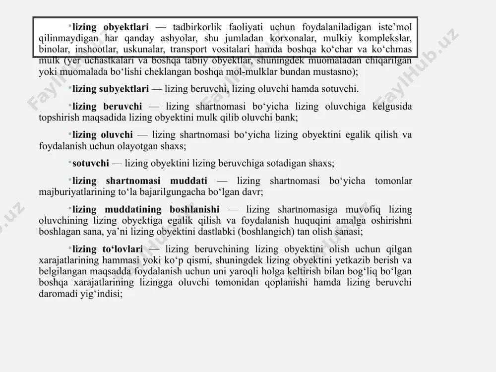 balansi; lizing oluvchining lizing bo‘yicha biznes-rejasi; lizing oluvchining to‘lov qobiliyati va uning biznes-rejasining samaradorligi to‘g‘risida lizing beruvchi bankning xulosasi; sug‘urta kompaniyasining lizing obyektini sug‘urta qilinganligi to‘g‘risidagi sug‘urta polisi; lizing beruvchining lizing obyektini lizing oluvchiga yetkazib berilishi to‘g‘risidagi buyurtmasi; lizing obyektining oldi-sotdi shartnomasi; lizing obyektini foydalanishga qabul qilish dalolatnomasi; lizing obyektiga sotuvchi tomonidan berilgan texnik kafolat; lizing operatsiyasi hamda ta’minoti xarakteridan kelib chiqqan holda olingan boshqa hujjatlar. lizing shartnomasi yuzasidan qo‘shimcha kelishuv tuzilgan taqdirda, u ham lizing oluvchining lizing yig‘ma jildiga tikib qo‘yiladi. lizing beruvchi bankda lizing hisobi lizing beruvchi bank lizing obyekti uchun to‘lovlarni sotuvchiga oldindan to‘lab berib lizing obyekti to‘g‘ridan to‘g‘ri lizing oluvchiga yetkazib berilsa, lizing beruvchi bank foydalanishga qabul qilish dalolatnomasiga asosan memorial order to‘ldirib, quyidagi buxgalteriya amallarini bajaradi: dt 19909 tovar-moddiy qimmatliklari uchun to‘langan mablag‘lar; kt bankning vakillik hisobvarag‘i; dt 15600 lizing (moliyaviy ijara) (tegishli mos hisobvaraq); kt 19909 tovar moddiy qimmatliklar uchun to‘langan mablag‘lar. 27. lizing …