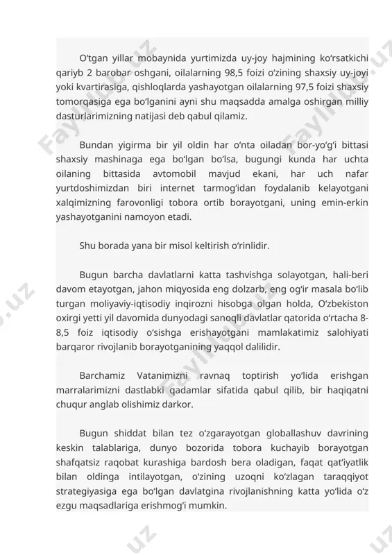 ,5 foiz iqtisodiy o‘sishga erishayotgani mamlakatimiz salohiyati barqaror rivojlanib borayotganining yaqqol dalilidir. barchamiz vatanimizni ravnaq toptirish yo‘lida erishgan marralarimizni dastlabki qadamlar sifatida qabul qilib, bir haqiqatni chuqur anglab olishimiz darkor. bugun shiddat bilan tez o‘zgarayotgan globallashuv davrining keskin talablariga, dunyo bozorida tobora kuchayib borayotgan shafqatsiz raqobat kurashiga bardosh bera oladigan, faqat qat’iyatlik bilan oldinga intilayotgan, o‘zining uzoqni ko‘zlagan taraqqiyot strategiyasiga ega bo‘lgan davlatgina rivojlanishning katta yo‘lida o‘z ezgu maqsadlariga erishmog‘i mumkin. zamonning o‘zi o‘rtaga qo‘yayotgan ayni shunday o‘tkir talablarni inobatga olgan holda, bizning oldimizda turgan eng ustuvor vazifamiz – boshlagan ishlarimizni izchil davom ettirish, mamlakatimizni yangilash va modernizatsiya qilish, demokratik islohotlarni chuqurlashtirish, jamiyatimizning barcha jabhalarini erkinlashtirish jarayonlarini yangi bosqichga ko‘tarish, hayotimizning darajasi va sifatini yanada yuksaltirishdir. biz uchun bebaho boylik bo‘lmish tinchlik va osoyishtalikni, jamiyatimizdagi mehr-oqibat, fuqarolar va millatlararo totuvlik va hamjihatlikni ko‘z qorachig‘idek asrab-avaylash hamisha e’tiborimiz markazida turishi lozimligini aslo unutmasligimiz kerak. bugungi notinch va murakkab zamon, yaqin va …