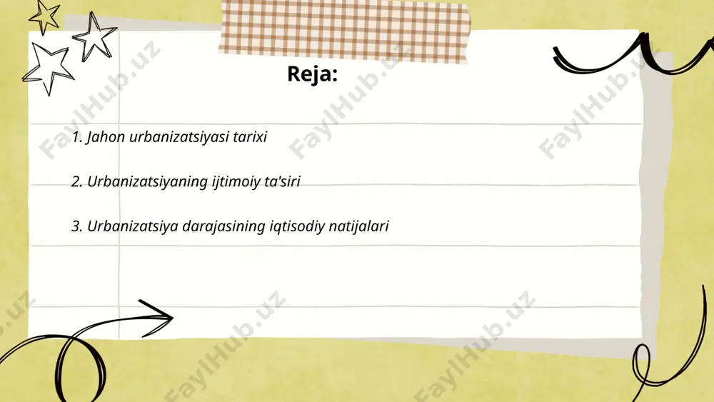 hi mumkin. ... t.me/slaydai_bot urbanizatsiya darajasi iqtisodiy natijalarga sezilarli ta'sir ko'rsatadi. dunyo bo'ylab aholining 55% shaharlarda yashaydi va 2050-yilga borib bu ko'rsatkich 68% ga yetishi kutilmoqda. urbanizatsiya iqtisodiy o'sishning 70% dan ortiq qismiga javobgar hisoblanadi. shaharlarda mehnat unumdorligi qishloq joylariga nisbatan 2-3 barobar ko‘proqdir. buning natijasida, urbanizatsiya darajasi yuqori bo'lgan davlatlarda yalpi ichki mahsulotning (yaim) o'sish sur'atlari ham tezlashadi. masalan, 2000-yildan 2015-yilgacha urbanizatsiya darajasi 5% ga oshgan mamlakatlarda yaimning yillik o'sishi o'rtacha 0.75% ga oshgan. shu bilan birga, infratuzilma va xizmatlar tizimi rivojlanadi. ... t.me/slaydai_bot urbanizatsiya jarayoni ekologik muammolarni keltirib chiqaradi. shaharlarda aholi zichligi va transport vositalari ko'payishi havoning ifloslanishini oshiradi, bu esa o'pka kasalliklari va allergiyalarga olib keladi. ma'lumotlarga ko'ra, dunyo aholisining 55% shaharlarda yashaydi va bu raqam 2050 yilga borib 68% ga yetishi kutilmoqda. buning natijasida chiqindilar hajmi ortib, ularning qayta ishlash ehtiyoji ham ko'payadi. suv resurslari iste'moli ham oshadi, va bu tabiiy manbalarning kamayishiga sabab bo'lishi mumkin. …