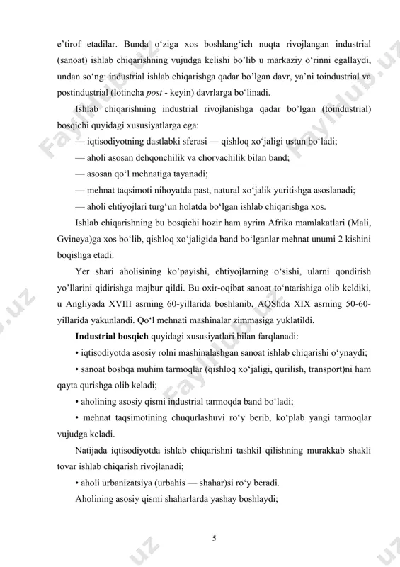 ga mahsulotlar - iste’mol buyumlari, turlituman uskuna, mashina, xom ashyo va boshqalar ishlab chiqarishni o’z ichiga oladi. moddiy ishlab chiqarish odatda sanoat, qurilish, qishloq va o’rmon xo’jaligi kabilardan tashkil topadi. nomoddiy ishlab chiqarish moddiy bo’lmagan ne’matlar, ma’naviy, axloqiy qadriyatlar, chunonchi, madaniyat, san’at, ilmiy, ma’naviy asarlar yaratishni o’z ichiga oladi. hozirgi zamon ishlab chiharishida xizmat ko’rsatish sohasi alohida o’rin tutadi. xizmat ko’rsatish ikki turga - moddiy va nomoddiy xizmat ko’rsatishga bo’linadi. birinchisiga yuk transporti, ishlab chiqarishga xizmat qiluvchi aloqa, savdo, uy-joy, kommunal xizmati, maishiy xizmat ko’rsatish kiritilsa, ikkinchi guruhga - maorif, sog’liqni saqlash, sanoat, ijtimoiy ta’minot, moliyaviy, axborot, yuridik xizmat ko’rsatish va hokazolar kiradi. xozirgi paytda zamonaviy ishlab chiqarish tarkibida infrastruktura alohida ajratib ko’rsatiladi. infrastruktura normal tarzda ishlab chiqarish va odamlarning hayot kechirishini ta’minlovchi sohalardan iborat. infrastruktura ishlab chiqarish, sotsial, bozor infrastrukturasidan iborat bo’lib, ishlab chiqarish infrastrukturasiga yo’llar qurish va uning ekspluatatsiyasi, kanallar, portlar, ko’prik, aeroport, omborxona, energiya uzatish tarmoqlari, suv …