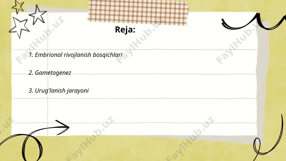 halik bo'linib ko'plik hujayrali embrion shakllanadi. urug'lanishdan so'ng ziqna ayol bachadoniga ko'chib, u yerda implantatsiya sodir bo'ladi va homiladorlik jarayoni boshlanadi. urug'lanish faqat menstrüal tsikl o'rtasida sodir bo'lishi mumkin. ... t.me/slaydai_bot 4. zigota hosil bo'lishi zigota hosil bo'lishi o'g'itlanish jarayonida boshlanadi, bu urg'ochi va erkak gametalarning, ya'ni tuxum hujayra hamda spermatozoidning birlashishini o'z ichiga oladi. natijada zigota, diploid xromosomalar soni (2n) bilan samarali bo'lgan bitta hujayra hosil bo'ladi. insonda zigota 23 juft, ya'ni jami 46 ta xromosomaga ega bo'ladi. o'g'itlanishning boshlanishi tuxum hujayra spermatozoidni qabul qilgan vaqtda sodir bo'ladi. zigota mitoz bo'linish orqali rivojlanishni boshlaydi va keyinchalik ko'plab hujayralarga ajralib, embrion va undan keyin organizm shakllanishiga olib keladi. jarayon ko'pincha fallop nayida o'tadi. ... t.me/slaydai_bot yumurta hujayralarining bo‘linishi (oogenesis) ayollar jinsiy tizimida sodir bo‘ladi. bu jarayon boshidan oxirigacha uch bosqichdan iborat: o'rta bo‘linish, o‘zgarish va yetilish. hujayralar boshida mitotik bo‘linishni o'tkazadi va keyin rivojlanish jarayonida meiotik bo‘linishga o'tadi. meiotik jarayon …