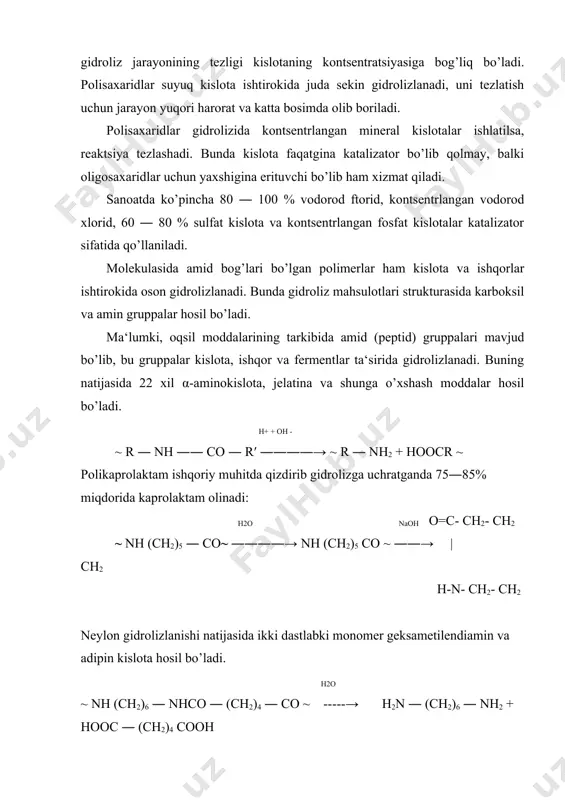 uzilishi natijasida hosil bo’lgan zanjir oxiridagi gruppalar sonini ximiyaviy usul bilan aniq topish mumkin. karboksil gruppalarning ko’payib borishiga qarab poliamidlarning destruklanish darajasini, aldegid gruppalarning ortib borishga qarab polisaxaridlarning gidrolizlanish darajasini hisoblash qiyin emas. poliamid va poliefirlarning gidrolizi ko’p hollarda nazariy ahamiyatga ega, polisaxaridlar gidrolizi esa sanoat miqyosida ahamiyatga ega bo’lganligi uchun uning ustida mukammalroq to’xtalib o’tamiz. o’simlik moddalarida tsellyuloza bilan bir qatorda katta amaliy ahamiyatga ega bo’lgan boshqa polisaxaridlar; pentozanlar (ksilan va arabanlar) uchraydi. tsellyuloza to’la gidrolizlanganda ― faqat glyukoza, ksilan gidrolizidan esa ― ksiloza, besh atomli spirtlar, furfurol va boshqalar; araban to’la gidrolizlanganda arabinoza hosil bo’ladi. polisaxariddagi yarim atsetal, ya‘ni glyukozid bog’larning gidrolitik uzilishi natijasida birinchi uglerod atomida aldegid (yarim atsetal ― sikl shaklida ) va to’rtinchi uglerod atomida esa gidroksil gruppa hosil bo’ladi: polisaxaridlar mineral kislotalar ishtirokida oson gidrolizlanadi. sanoatda katalizator sifatida ko’pincha sulfat va xlorid kislota ishlatiladi. polisaxaridlarda gidroliz jarayonining tezligi kislotaning kontsentratsiyasiga bog’liq bo’ladi. polisaxaridlar suyuq …