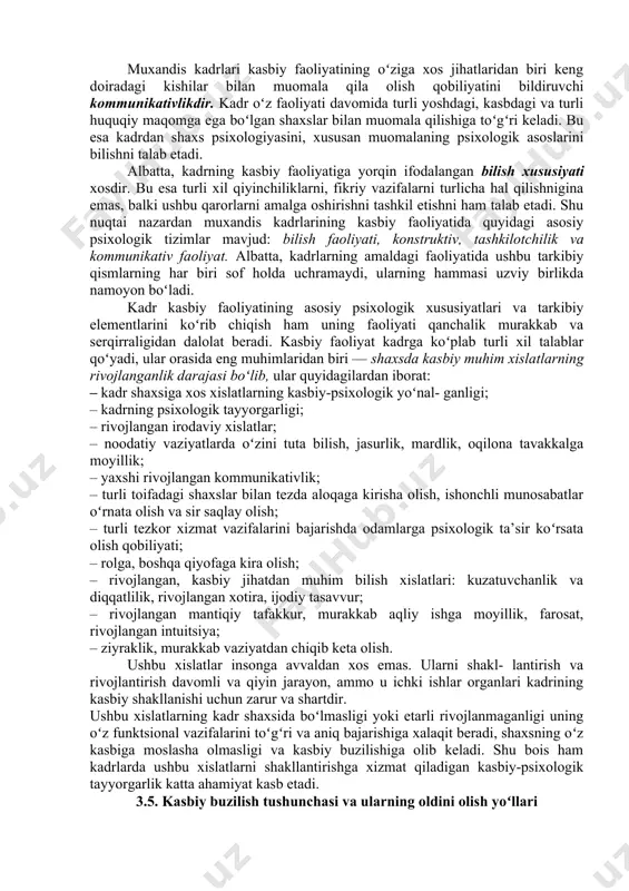 ntegral psixologik tuzilmalarini nazarda tutadi. professiografiyada koʻpgina turli-tuman usullar qoʻllanadi: 1) ijtimoiy (soʻrovnomalar, savollar kiritilgan kuzatuv); 2) psixologik (suhbat kuzatuv tajriba va ulardan kelib chiquvchi intervyu, shaxsiy soʻrovnomalar testlar, tajribalar, psixobiografiyalar, faoliyat mahsulini oʻrganish metodi); 3) fiziologik (ekg. ker qonda arterial bosimni oʻlchash antopometrik va texnik ma’lumotlar); 4) texnologik jarayonlar ta’siri va boshqa usullar xilma - xilligidan vaqt, kuch va vaziyatlarni minimalligi bilan profesiogramma tadqiqotdagi savollarga javob beruvchi usullarni tanlash lozim. usullar kompleksini ishlab chiqishda tizimni tashkil etuvchi omil tadqiqot maqsadi muhim rol oʻynaydi. psixografiyalarni kasbga yoʻnaltirish uchun ishlab chiqayotganda kasbning umumiy professiografik va ijtimoiy-psixologik ta’siriga katta eʼtibor beriladi. mehnat sharoitlaridan texnik, texnologik va ijtimoiy psixologik sharoitlari ancha chuqurroq oʻrganiladi. tadqiqotlarning muhim yoʻnalishi bu shaxsning qobiliyatlari, psixofiziologik xususiyatlarini baholashdir. professiogrammalarning kasbga yoʻnaltirish va kasbiy tanlov maqsadida ishlab chiqishda psixodiognostik tadqiqotlar juda muhim hisoblanadi. qolgan tadqiqotlar oʻquv - kasb muassasalarida talabalar, oʻquvchilarni oʻqishga qabul qilinadigan shaxslar ishlashi lozim boʻlgan sharoitlarni aniqlash …