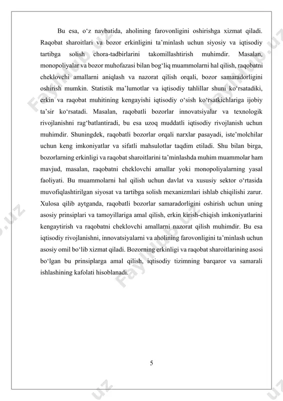 rish va raqobatbardosh narxlar belgilash imkonini beradi. uchinchidan, bozor infratuzilmasini rivojlantirish va raqobatni kengaytirish uchun yondashuvlar mavjud. bu yondashuvlar orasida monopoliyalardan qutulish, raqobatni cheklovchi amallarni aniqlash va ularni bartaraf etish, shuningdek, bozorlarni erkinlashtirish uchun iqtisodiy yoki huquqiy mexanizmlarni joriy etish kiradi. misol uchun, davlat tomonidan tartibga solish va nazorat qilish organlari orqali raqobatni ta'minlash, monopoliyaga qarshi qonunlarni kuchaytirish va bozorlarning raqobat muhiti uchun qulay sharoitlar yaratish mumkin. bundan tashqari, bozorlarning samaradorligini oshirishda iqtisodiy siyosat va tartibga solish muhim o‘rin tutadi. bu jarayonda davlat faoliyatining asosiy maqsadi – raqobat muhitini yaratish va uni saqlash, shuningdek, bozorga kirishni kengaytirish bo‘lishi mumkin. bu esa, o‘z navbatida, yangi tadbirkorlarning bozorga kirishini yengillashtiradi, kichik va o‘rta biznes sub’ektlarining rivojlanishiga imkon yaratadi. xulosa qilib aytganda, raqobatli bozorlarning samaradorligini oshirish uchun bir nechta muhim usullar mavjud. ularning asosiylari erkin bozor sharoitlarini yaratish, innovatsiyalarni rivojlantirish, bozor infratuzilmasini takomillashtirish va tartibga solish mexanizmlarini joriy etishdir. bu usullar orqali bozorlar …