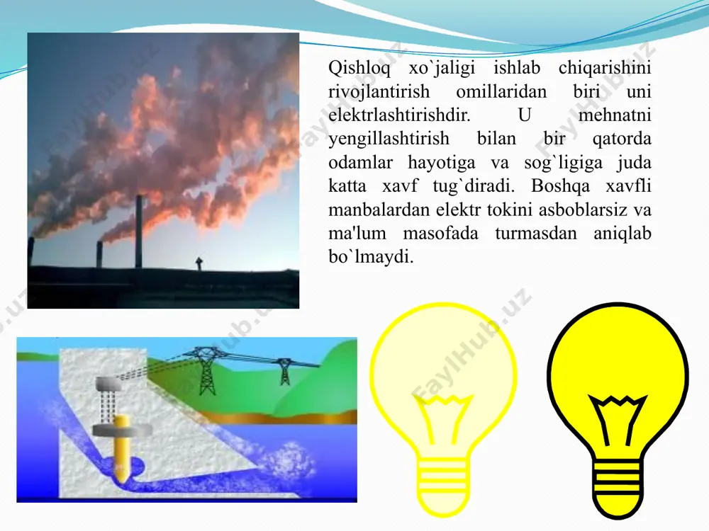 alar 1000 v gacha va 1000 v dan yuqori kuchlanishli qurilmalarga bo`linadi. elektr toki urishiga kishining elektr zanjiriga ulanib qolishi sabab bo`ladi. elektr tokiga ulanib qolishning ikki xil shakli bor: ikkita sim orasida ulanib qolish va sim bilan yer orasida ulanib qolish.ikkala holda ham jarohatlanish darajasi kuchlanish kattaligiga, pol va poyafzal himoyalanishning holatiga, ishlab chiqarish xonasidagi muhit sharoitiga, simlarga tekkan paytda kishining holatiga bog`liq. odamning elektr tokidan jarohatlanishining boshqa hollariga quydagilar sabab bo`ladi: 1. elektr qurilmalarini o`rnatish va ulardan foydalanishda xavfsizlik texnikasi qoidalarining buzilishi; 2. elektr jihozlarining kuchlanish ostida qolgan tok o`tkazmaydigan metall qismlarga tegib ketishi; jarohatlanishning xavfsiz mehnat usullarini bilmaslik. 3. elektr tokidan jarohatlanish sabablarini ko`rib chiqishda jarohatlanishga sabab bo`lgan elektr jihozlarini mufassal ko`zdan kechirish lozim. j – tok kuchi, amper u – kuchlanish, volt r – qarshilik, om elektr tarmog’ining shikastlangan qismlarni uzib qo’yish uchun ishlab chiqarishda tez ishlab ketadigan avtomatik uzgichlar o’rnatiladi. “kirma o’ldiradi”, “shu yerda ishlang”, …