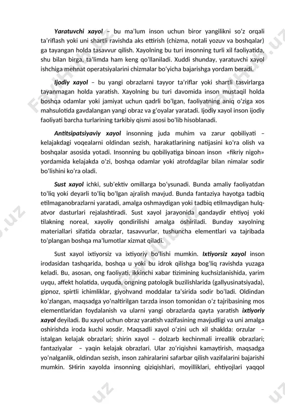 turlarini mujassamlashtiradi. obrazlarning mustaqilligi va haqiqiyligiga bog‘liq ravishda xayol yaratuvchi va ijodkor bo‘ladi. yaratuvchi xayol – bu ma’lum inson uchun biror yangilikni so‘z orqali ta’riflash yoki uni shartli ravishda aks ettirish (chizma, notali yozuv va boshqalar) ga tayangan holda tasavvur qilish. xayolning bu turi insonning turli xil faoliyatida, shu bilan birga, ta’limda ham keng qo‘llaniladi. xuddi shunday, yaratuvchi xayol ishchiga mehnat operatsiyalarini chizmalar bo‘yicha bajarishga yordam beradi. ijodiy xayol – bu yangi obrazlarni tayyor ta’riflar yoki shartli tasvirlarga tayanmagan holda yaratish. xayolning bu turi davomida inson mustaqil holda boshqa odamlar yoki jamiyat uchun qadrli bo‘lgan, faoliyatning aniq o‘ziga xos mahsulotida gavdalangan yangi obraz va g‘oyalar yaratadi. ijodiy xayol inson ijodiy faoliyati barcha turlarining tarkibiy qismi asosi bo‘lib hisoblanadi. antitsipatsiyaviy xayol insonning juda muhim va zarur qobiliyati – kelajakdagi voqealarni oldindan sezish, harakatlarining natijasini ko‘ra olish va boshqalar asosida yotadi. insonning bu qobiliyatiga binoan inson «fikriy nigoh» yordamida kelajakda o‘zi, boshqa …