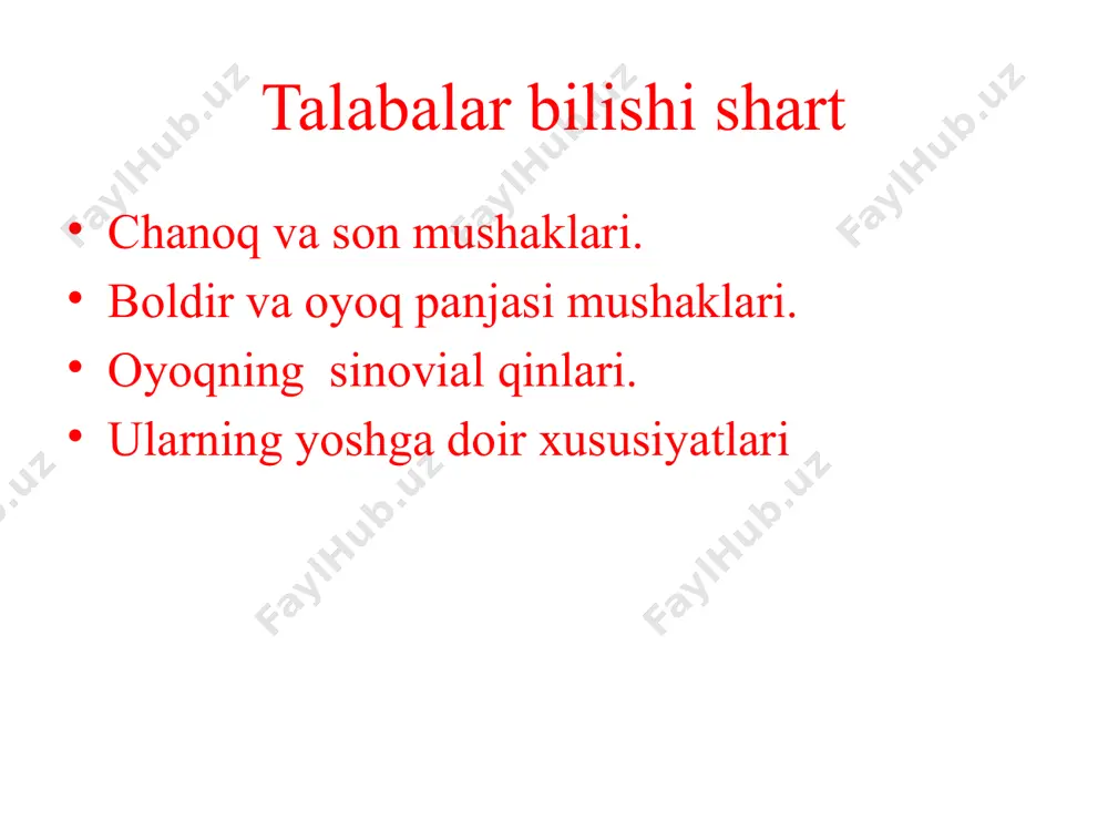 oliyati: yonbosh fassiyasini taranglaydi. innervatsiyasi: plexus lumbalis (rr.muscularis). chanoqning tashqi yuzasidagi mushaklari yuza va chuqur qavat bo'lib joylashadi. yuza mushaklarga dumba sohasi va chanoqning lateral yuzasida joylashgan katta, o'rta va kichik dumba mushaklari kiradi. oyoq mushaklari oyoq mushaklari chanoq son bo’g’imi sohasi, son, boldir va oyoq panjasi mushaklariga bo’linadilar. chanoq mushaklariga chanoq suyaklaridan boshlanib son suyagiga birikuvchi mushaklar kiradi. ular chanoq - son bo’g’imiga ta’sir etib uning uch o’q atrofidagi harakatini ta’minlaydi va birikish sohasiga qarab uch: ichki, tashqi va medial guruhlarga bo’linadi. ichki bukuvchi guruhga kichik ko’stga birikuvchi yonbosh-bel mushagi (m. iliopsoas) va kichik bel mushagi kiradi. yonbosh-bel mushagi chanoq-son bo’g’imini bukadi. orqa yozuvchi, burovchi va uzoqlashtiruvchi mushaklar guruhi katta ko’st yoki uning atrofiga birkib ularga katta, o’rta va kichik dumba mushaklari (m gluteus maximus, medius et minimus), noksimon, tashqi va ichki yopqich, egizak va sonning kvadrat mushaklari kiradi. image1.png image2.png image3.png image4.png image5.png image6.png image7.png image8.png image9.png /docprops/thumbnail.jpeg