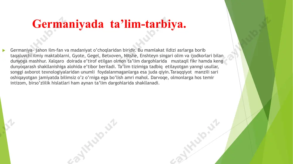 ma qildilar. ko’rilgan va muhokama qilingan masalalar qatorida 1998 yil 1 aprelda toshkentda gyote institutining faoliyat boshlaganini mamnuniya bilan qayd etdilar. iii.2. adabiyot, san’at, fan va ta’lim sohasidagi o’zaro hamkorlik * e’tiboringiz uchun rahmat!