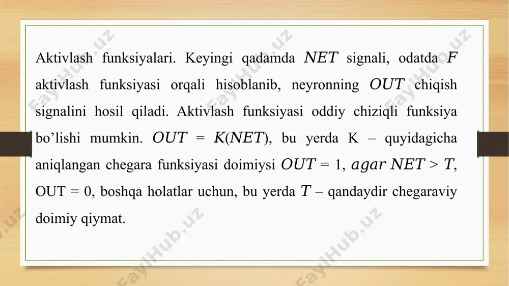o’p qatlamli neyron to’rlari qatlamlar kaskadi bilan hosil bo’lishi mumkin. bir qatlam chiqishi keyingi qatlam uchun kirish bo’ladi. bunday neyron turi 7- rasmda keltirilgan. teskari bog’lanishli to’rlar. yuqorida ko’rilgan to’rlarda teskari bog’lanishlar yo’q edi, ya'ni qandaydir qatlamning chiqishidan chiqib, xuddi shu qatlam yoki oldingi qatlamlar kirishiga boruvchi bog’lanishlar yo’q edi. bunday to’rlar to’g’ri tarqaluvchi to’rlar sinfini tashkil qiladi va ular katta qiziqish uyg’otadi va juda keng ravishda qo’llaniladi. chiqishlarida kirishlariga bog’lanish bo’lgan to’rlar teskari bog’lanishli to’rlar deyiladi. teskari bog’lanishlari bo’lmagan to’rlarda xotira yo’q, ularning chiqishi faqat ayni paytdagi kirishlar va vaznlar bilan aniqlanadi. ayrim ko’rinishdagi teskari bog’lanishli neyron to’rlarida chiqish qiymatlari kirishga qaytariladi, oqibatda chiqish ayni paytdagi kirish va oldingi chiqish bilan aniqlanadi. shu sababli teskari bog’lanishli to’rlar inson miyasining qisqa muddatli xotirasi xossalariga o’xshash xossalarga ega bo’ladi. to’r chiqishlari qisman oldingi kirishlarga bog’liq bo’ladi. image5.png image6.png image7.png image8.png image9.png image10.png image11.png image12.png image13.png image14.png image15.png image16.png image3.png image4.png /docprops/thumbnail.jpeg