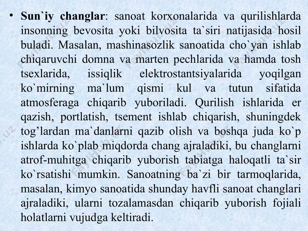 ng yutish effektivligin osırısh maqsatida unıng ichiga vertikal yoki gorizontal tosıq devorlar qoyıladı, ularni vaqtı-vaqtı silkinishi natiyjeasida yig’ilib qolgan chang kamera quyi qismiga tushiriladi. shaxsiy himoya vositalari o`zbekiston respublikasining «mehnatni muhofaza qilish to`g’risida»gi qonuniga muvofiq korxona ma`muriyati ishchi va xizmatchilarni bepul shaxsiy himoya vositalari bilan taminlashi, ularni saqlash, yuvish, quritish, dezinfektsiyalash va ta`mirlash ishlarini bajarishi kerak. barcha himoya vositalari ishlatilishiga qarab jamoa himoya vositalari va shaxsiy himoya vositalariga bo`linadi. ishning xavfsizligini mashinalarning konstruktsiyasi, ishlab chiqarish jarayonini tashkil qilish, arxitektura-rejalashtirish echimlari va jamoa himoya vositalarini qo`llash bilan taminlashning iloji bo`lmagan taqdirda shaxsiy himoya vositalaridan foydalaniladi. himoya vositalari texnik estetika, ergonomika talablariga javob berishi, himoya samaradorligi yuqori, ishlatishda qulay, texnologik jarayonda bajarilayotgan ish turiga mos bulishi kerak. shu ish uchun mo`ljallangan va qabul qilingan tartibda tasdiqlangan texnik hujjatlari bulmagan shaxsiy himoya vositalarini qo`llash taqiqlanadi. ular vazifasi, ishlash muddati ko`rsatilgan yo`riqnoma hamda saqlash va ishlatish qoidalari bilan ta`minlanadi. shaxsiy himoya vositalari (shhv) vazifalariga …