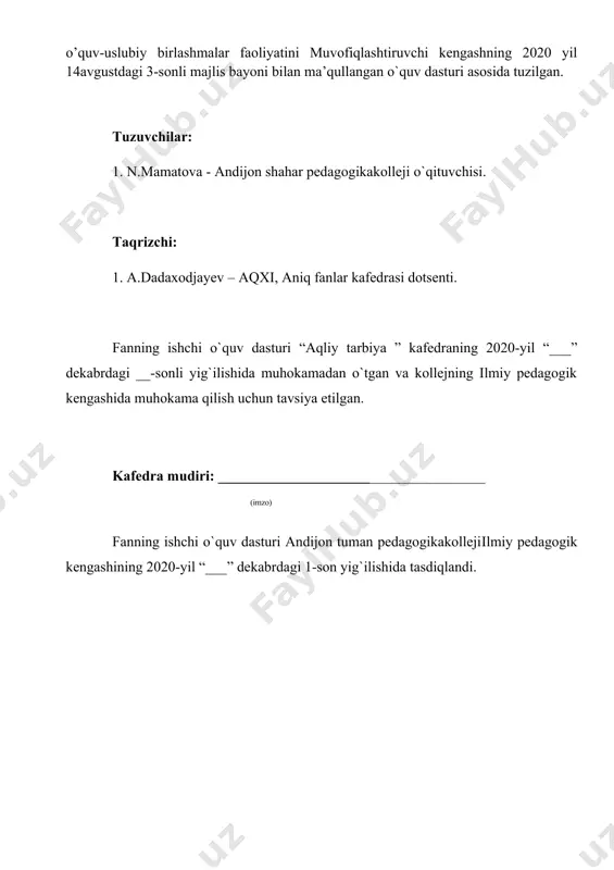 arvabolalaruchuntarqatmamateriallar) tayyorlashnivaundanfoydalanishni; -matematik bilimlarni berishda bola shaxsini rivojlantirishga oid rivojlantiriuvchi markazlarda ishlashni; -bolalarni maktabga tayyorlash bo`yicha topshiriqlarni bajarish. - bolalarni jonli va jonsiz tabiat haqidagi bilimlarni bеra olish; - bolalarni o’simliklar, hayvonot dunyosi haqidagi bilimlarni bеra olish; - bolalarni yil fasllari bilan tanishtirish haqidagi bilimlarni bеra olish; - ilm-fan va tabiat markazida guruhlar bo’yicha tadqiqotlar, tajribalar o’tkazishda yordam bera olish; - mashg’ulotlar, sayrlar, o’yinlar hamda ekskursiyalarni tashkil etishda ko’maklasha olish; - har bir yosh guruh bo’yicha ta'limiy tarbiyaviy faoliyatlarni tashkil etish va bolalar faoliyatini tahlil qilishi; fanni o’qitishda foydalaniladigan zamonaviy axborot va pedagogik texnologiyalar. fanni o’qitishda zamonaviy axborot texnologiyalarniqo’llashda fanni o’zlashtirish uchun omil bo’ladigan zamonaviy axborot texnologiyalarning ahamiyati va o’rni beqiyosdir. o’quv jarayonini sifatli tashkil etish maqsadida axborot texnologiyalaridan foydalanish o’quvchilarning kasbiy tayyorgarligini oshirish va kasbiy ko’nikmalarini rivojlantirishda ham muhim omil bo’lib hisoblanadi. ta’lim metodlarini tanlashda har bir darsning didaktik vazifasidan kelib chiqib,yondoshish maqsadga muvofiqdir. buning uchun dars oqilona tashkil …