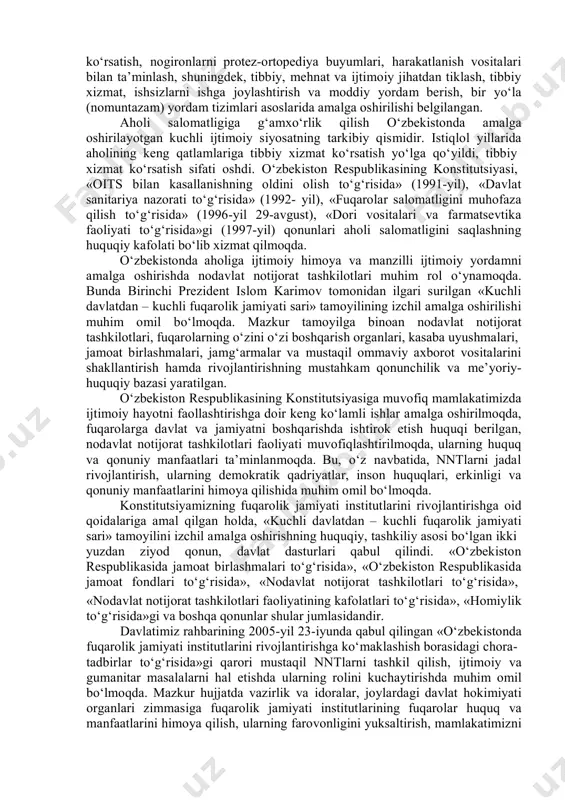 tatsiyalar qisman saqlab qolindi. shu tufayli daromad darajasi turlicha bo‘lgan oilalar bulardan bir qadar foydalanish imkoniyatiga ega bo‘ldi. islohotlarning dastlabki bosqichida sobiq ittifoqning ko‘pgina mamlakatlarida aholining asosiy qismi yoppasiga qashshoqlashgan bir paytda o‘zbekistonda amalga oshirilgan tadbirlar muhim ijtimoiy ahamiyatga ega bo‘ldi. odamlarning islohotlarni jadallik bilan olib borishga ishonchini kuchaytirdi. ayni vaqtda respublikada iste’molchilarning manfaatlarini himoya qilishning mutlaqo yangi tizimiga o‘tishga tayyorgarlik ishlari olib borildi. yangi tizimning mohiyati ichki narhlarni jahon narhlari darajasiga tez tenglashtirib olish va aholining daromadlarini shunga muvofiq ravishda oshirishni ko‘zda tutadi. bunday islohot sharoitida ijtimoiy himoyaning yangidan-yangi shakllarini qidirib topishni taqozo etadi. jumladan, milliy valyutani muomalaga kiritish, uning ichki almashuvini ta’minlash sohasida amalga oshirilgan tashkiliy va iqtisodiy chora-tadbirlarning ko‘rilishi ayniqsa katta ahamiyatga ega bo‘ldi. mamlakatda ichki bozorni, xalqimiz manfaatlarini faqat baquvvat milliy valyutagina himoya qilishi mumkin, degan qat’iy xulosaga kelindi. buning uchun milliy valyutamiz, asosan, o‘zimizda ishlab chiqarilgan zarur miqdordagi tovar bilan, keng eksport faoliyati hisobiga to‘plangan …