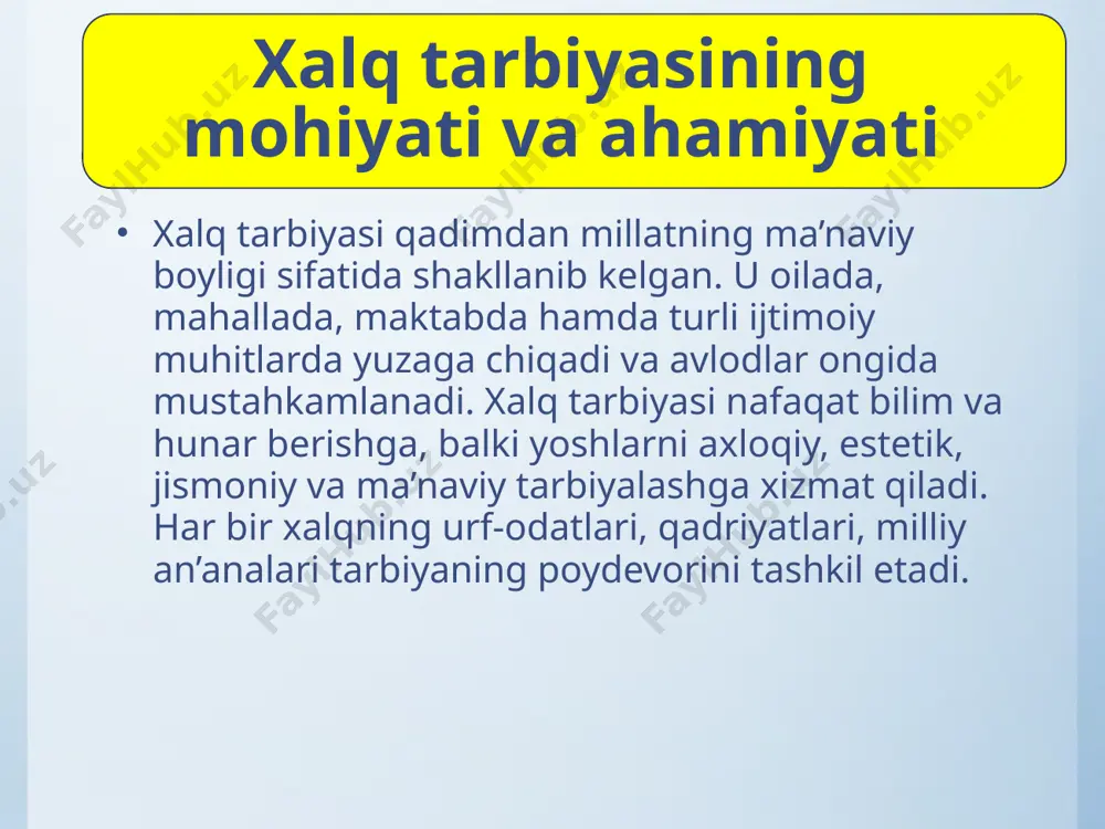 ’sir ko‘rsatadi. ijtimoiy muhitda milliy an’analar amalda qo‘llanib, yoshlar uchun hayotiy maktab bo‘lib xizmat qiladi. ta’lim va ijtimoiy muhit uyg‘unlashganda, xalq tarbiyasi yanada samarali bo‘ladi. demak, xalq tarbiyasi — bu faqat oila doirasida emas, balki kengroq ijtimoiy jarayon sifatida shakllanadigan, yoshlarni barkamol inson qilib tarbiyalaydigan kuchli omildir. avlodlar vorisligi va kelajak avlod tarbiyasi avlodlar vorisligi faqat tarixni saqlash emas, balki kelajakni barpo etish uchun ham zarurdir. yoshlar o‘z ajdodlarining ilmiy, ma’naviy va madaniy merosidan ibrat olib, uni yanada boyitib keyingi avlodlarga yetkazishlari lozim. bu jarayon orqali millatning uzluksiz rivoji ta’minlanadi. masalan, buyuk allomalarimizning asarlarini o‘rganish, xalq og‘zaki ijodiyoti namunalarini asrash va ulardan tarbiyaviy jarayonlarda foydalanish yoshlarning ma’naviy barkamolligini oshiradi. shuningdek, zamonaviy fan va texnologiyalarni o‘zlashtirgan yoshlar ajdodlarning merosini boyitib, uni yangi bosqichga olib chiqadilar. avlodlar vorisligi shunday uzluksiz jarayonki, unda o‘tmish tajribasi bilan kelajak orzulari uyg‘unlashadi. shuning uchun har bir pedagog, ota-ona va jamiyat a’zosi kelajak avlodni sog‘lom, bilimli, ma’naviy …
