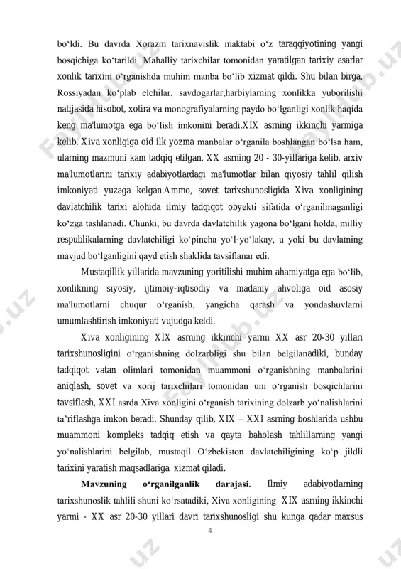 yyid homid to‘ra kamyob “tavorix ul- xavonin”7 nomli birlamchi manbalarda muarrixlarning o`zi tarix jarayonida yuz bergan voqeotlarni ko`rib, eshitib yozganligi bilan qimmatlidir. sovet davrida bu yo‘nalishdagi dastlabki tadqiqotlar p.p. ivanov va m.y. yo‘ldoshevga tegishli bo‘lib, tadqiqotchilar xiva xonlari arxivi hujjatlaridagi ma'lumotlarni o‘rganganlar va nashr etganlar8. ushbu tadqiqotlarning so‘z boshisida tarixshunoslik tahlili berilgan. bundan tashqari, asarga hujjatlar, ularga berilgan izohlar va ko‘rsatkichlar ham kiritilgan. b.v.lunin tomonidan esa, rus sharqshunosligida o‘rta osiyo xonliklarining o‘rganilishi, rossiyalik tadqiqotchilar olib borgan izlanishlar natijalari va tahliliy fikrlari taqdim etilgan9. xx asrning 70-yillariga kelib, xiva xonligining xix asr ikkinchi yarmi xx asr 20-30 yillari davri ijtimoiy-iqtisodiy sohalariga oid masalalar umumlashma tadqiqotlarda, ilmiy adabiyotlarda o‘z aksini topgan. xususan, “qadimgi xorazm” deb nomlangan monografiyaning kirish qismida mavzu tarixshunosligining umumiy sharhi, shu jumladan, xiva xonligining qo‘ng‘irotlar sulolasi davri ijtimoiy-iqtisodiy sohalarining o‘rganilish darajasi 5огаҳий муҳаммад ризо. зубдат ут-таворих (тарихлар сараси) // нашрга тайёрловчи н. жабборов. – т.: o’zbekiston, 2009. – 240 …