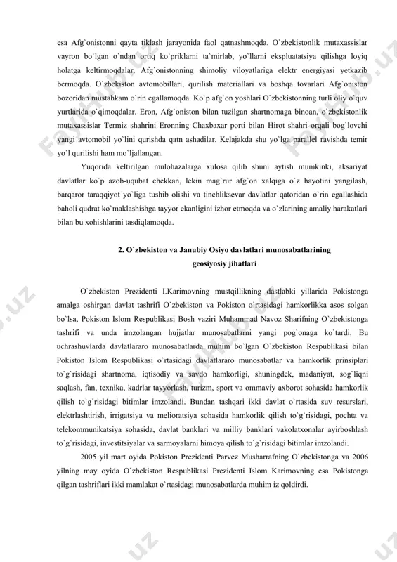 ida bir necha bor uchrashuvlar bo`lib o`tdi. do`stona va amaliy munosabatlar o`rnatildi. bir qator muhim hujjatlar imzolandi. qobul va toshkentda diplomatik vakolatxonalar faoliyat ko`rsatmoqda. o`zbekiston ham tolibonlar rejimi va al-qoida terroristik tashkilotiga qarshi davlatlar koalitsiyasi tarafida turib kurashda qatnashdi. endi esa afg`onistonni qayta tiklash jarayonida faol qatnashmoqda. o`zbekistonlik mutaxassislar vayron bo`lgan o`ndan ortiq ko`priklarni ta`mirlab, yo`llarni ekspluatatsiya qilishga loyiq holatga keltirmoqdalar. afg`onistonning shimoliy viloyatlariga elektr energiyasi yetkazib bermoqda. o`zbekis​ton avtomobillari, qurilish materiallari va boshqa tovarlari afg`oniston bozoridan mustahkam o`rin egallamoqda. ko`p afg`on yoshlari o`zbekistonning turli oliy o`quv yurtlarida o`qimoqdalar. eron, afg`oniston bilan tuzilgan shartnomaga binoan, o`zbekistonlik mutaxassislar termiz shahrini eronning chaxbaxar porti bilan hirot shahri orqali bog`lovchi yangi avtomobil yo`lini qurishda qatn ashadilar. kelajakda shu yo`lga parallel ravishda temir yo`l qurilishi ham mo`ljallangan. yuqorida keltirilgan mulohazalarga xulosa qilib shuni aytish mumkinki, aksariyat davlatlar ko`p azob-uqubat chekkan, lekin mag`rur afg`on xalqiga o`z hayotini yangilash, barqaror taraqqiyot yo`liga tushib olishi va tinchliksevar …