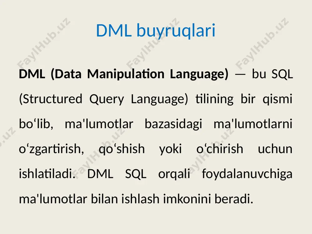 a'lumotlarni bog‘lash uchun shart ko‘rsatiladi. bu yerda key ustuni har ikkala jadvalda umumiy bo‘lgan birlamchi yoki unikal qiymatni anglatadi. misol: employee_id yoki product_id. when matched then update agar target va source jadvalidagi mos yozuvlar topilsa (ya'ni, on sharti bajarilsa), update operatsiyasi bajariladi. misol: target jadvalidagi column ustuni source jadvalidagi ma’lumot bilan yangilanadi. when not matched then insert agar source jadvalidagi ma’lumot target jadvalida topilmasa, yangi yozuv insert orqali maqsad jadvaliga qo‘shiladi. misol: source jadvalidagi ustunlar (columns) va qiymatlar (values) maqsad jadvaliga qo‘shiladi. dml buyruqlari dmlning asosiy funksiyalari: insert jadvalga yangi ma'lumot qo‘shadi. sintaksis: sql insert into table_name (column1, column2, ...) values (value1, value2, ...); ma`lumotlarni kiritish ma`lumotlar insert operatori orqali kiritiladi. insert into jadval_nomi [( ) ] values ( ) masalan, books jadvaliga yangi kitob ma`lumotlari kiritiladi insert into books ( isbn, titl, autor, coautor, yearizd, pages) values (‘5-88782-290-2’, ’аппаратные средства ibm pc. энциклопедия’, ‘гук m. ‘, ‘ ‘,2000, 816) …