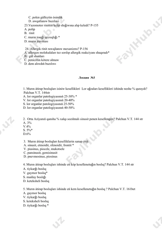 ta irińniń toplanıwı * d. murın boslıǵında irińniń toplanıwı 11. boslıq ta ishinde iriń toplanǵan kistasıyaqlı keńeyiwi ne delinedi? palchun v.t. 144 str a.piocele* v. mukocele s. pnevmosinus d. piosinus 12. boslıq ishinde silekey toplanǵan kistasıyaqlı keneyiwi ne delinedi? palchun v.t.161str a.piocele v.mukocele* s. pnevmosinus d. piosinus 13. boslıqta ishinde hawa toplanǵan kistasıyaqlı keńeyiwi ne delinedi? palchun v.t.144 str a.piocele v.mukocele s.pnevmosinus* d. piosinus 14. boslıqta ishinde qan toplanǵan kistasıyaqlı keneyiwi ne delinedi? palchun v.t.162str a.piocele v.mukocele s.pnevmosinus d.gematosinus* 15. qaysı kesellikte infeksiya gematogenjollar arqalı boslıqqa ótedi? a. tis kesellikleri v. juqpalı kesellikler * c. murın kesellikleri d. tamaq kesellikleri 16 .sinus isiniwining umumiy sebebi ne? palchun v.t. 145 bet a. tish kesellikleri * v. sinus kesellikleri c. murın kesellikleri d. tamaq kesellikleri 17. murın átirap boslıqları keselligi tislerdıń tamırı keselligi sebep bolsa kelip shıǵadı? a. tis kesellikleri v. sinus kesellikleri c. murın kesellikleri d. odontogen gaymorit * 18. barlıq …