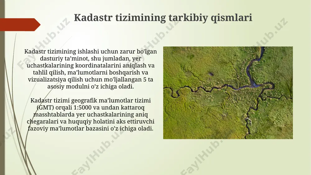 zida qayta ishlash imkoniyatini beradi. yuqori aniqlikdagi sun'iy yo'ldosh suratlari va dronlardan olingan aerofotogrammetriya ma'lumotlari kadastr ma'lumotlarini yangilash va aniqlashtirish uchun 90% gacha aniqlikni ta'minlaydi. e'tiboringiz uchun rahmat @taqdimot_robot image1.jpg image2.jpg image3.jpg image4.jpg image5.jpg image6.jpg image7.jpg image8.jpg image9.jpg image10.jpg image11.jpg image12.jpg