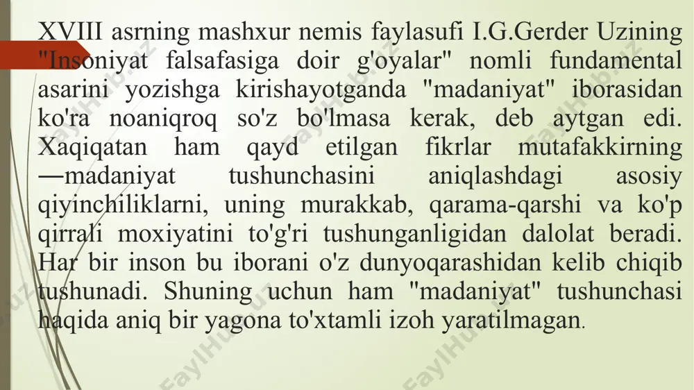 ustuvorlik qiladi. markaziy osiyoda yashab ijod etgan buyuk mutafakkirlarning ilmiy merosida ham "madaniyat” tushunchasi, uning moxiyatini ochishga intilish kuchli bo”lganligini kuzatamiz. shuningdek, insonlarning madaniylik darajasini belgilash bevosita va bilvosita ijtimoiy xayot, ular yashayotgan jamiyatning ichki va tashqi xolati, siyosiy jarayonlar bilan bog’liqlikda talqin etish ustuvorlik qiladi. o’rta asr sharq madaniyatining buyuk namoyondasi abu nasr forobiyning fikricha, xar bir inson o’z tabiatiga ko’ra, "oliy darajadagi yetuklikka erishish uchun intiladi", bunday yetuklikka faqat shahar jamoasi orqaligina erishiladi. ma‘lumki, forobiy qarashlari aflotun, arastu nazariyalari ostida shakllangan bo’lib, allomaning ezgulik va yaxshilik kategoriyalari xususidagi falsafiy qarashlarida yaqqol namoyon bo’ladi va bu tasavvurlarni umumiy xolda "fozillik” iborasida qo’llaydi. sharq tarix falsafasining asoschilaridan biri ibn xaldun o’zining "muqaddima" asarida jamiyat va insonlar xayotini "umron" sivilizatsiyaga taqqoslaydi. uning barcha ko’rinishlarini umumlashtirilgan xolda, uch bosqichga yoki turga taqsimlaydi. ya‘ni ―vaxshiylik - insonlarni o’troq hayyot kechirgungacha bo’lgan davri, "badaviya" – ko’chmanchi xayot kechiruvchi, yarim madaniyatli, "shahariy" yuqori darajadagi xo’jalik …