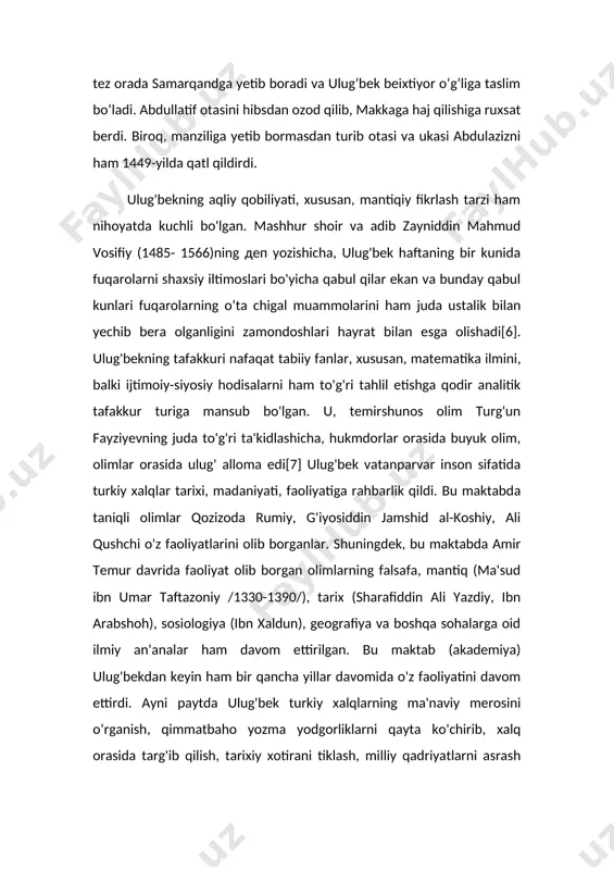 mdor shaharni imperiyaning intellektual markaziga aylantirishni maqsad qilgan. 1417—1420-yillarda samarqanddagi registon maydonida madrasa („universitet“) qurdirdi va koʻplab islom astronomlari va matematiklarini oʻqishga taklif qildi. ulugʻbekning astronomiya boʻyicha eng mashhur shogirdi ali qushchi (1474-yilda vafot etgan) edi. qozizoda rumiy ulugʻbek madrasasining eng koʻzga koʻringan muallimi boʻlgan va keyinchalik bu oʻringa astronom jamshid al-koshiy kelgan. ulugʻbek ilm-fan olamida buyuk astronom sifatida mashhur. bu borada u amalga oshirgan eng buyuk ish „ziji jadidi koʻragoniy“ deb nomlangan astronomik jadval sanaladi. ulugʻbek tibbiyot va musiqaga ham qiziqqan, sheʼrlar ham yozgan. alisher navoiyning „majolis un-nafois“ asarida uning sheʼrlaridan namunalar keltirilgan. olimdan bizga 4 ta asar meros qolgan: 1) „ziji jadidi koʻragoniy“ – astronomiyaga oid; 2) „bir daraja sinusini aniqlash haqida risola“ – matematikaga oid; 3) „risolayi ulugʻbek“ – yulduzlarga bagʻishlangan; 4) „tarixi arbaʼ ulus“ (toʻrt ulus tarixi) – tarixga oid ziji jadidi koʻragoniy" ulugʻbek ziji yoki "ziji sultoni" - mirzo ulugʻbek tomonidan 1437-yilda nashr etilgan astronomik …