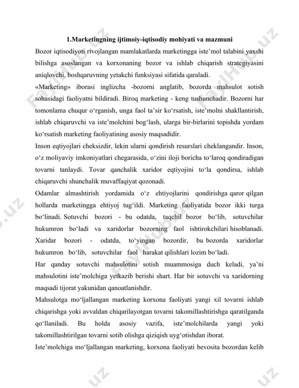 molchilarda yangi yoki takomillashtirilgan tovarni sotib olishga qiziqish uyg‘otishdan iborat. iste’molchiga mo‘ljallangan marketing, korxona faoliyati bevosita bozordan kelib chiqayotgan talabni qondirishga qaratilgan hollarda qo‘llaniladi. bu borada marketingni asosiy vazifasi potensial iste’molchini o‘rganishdir. marketingni bu turi tijorat faoliyatining eng muhim qismidir, chunki, iste’molchilar talabini o‘rganmay turib tadbirkor ish yurita olmaydi. marketing quyidagi vazifalarni amalga oshiradi: - bozorni kompleks o‘rganish: - potensial talabni va qondirilmagan ehtiyojni o‘rganish: - tovar assortimentini va narxi rejalashtirish: - mavjud talabni to‘la qondirishga taalluqli chora-tadbirlarni ishlab chiqish: - sotishni rejalashtirish va amalga oshirish: - ishlab chiqarishni tashkil qilish va boshqaruvni takomillashtirish choralaryni ko‘rish. ishlab chiqarish tugatilayotgan yerda marketing boshlanmaydi. aksincha, ishlab chiqarish xarakterini va ko‘lamini belgilaydi. ishlab chiqarish quvvatlaridan samarali foydalanish, yuqori unumdagi avtomatik qurilmalar va ilqor texnologiyalardan foydalanish marketing tomonidan aniqlanadi. o‘z faoliyatini marketing prinsipi asosida olib borayotgan firma, marketing izlanishi natijasida ishlab chiqarishni va mahsulot sotish asosida tovar bo‘yicha dasturlar ishlab chiqadi. xorijiy tajribalardan ma’lum …