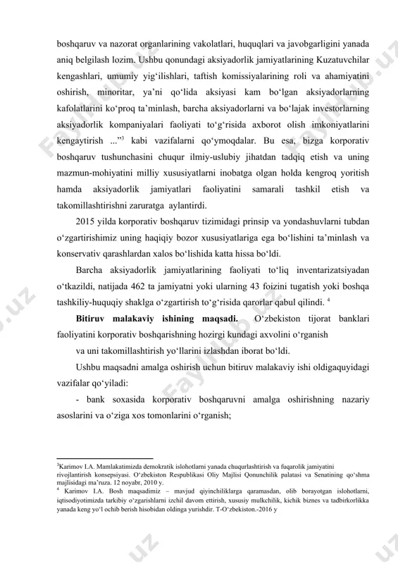 ib xalqaro bank amaliyotida ishlab chiqilgan bank korporativ boshqaruviga oid tamoyil, usul va mezonlar, shuningdek, bank faoliyatiga oid qonunchilikning asosiy qoidalari va mahalliy bank tizimi normativlari xizmat qiladi. bitiruv malakaviy ishining amaliy axamiyati shundan iboratki, ushbu ishda keltirilgan xulosalar respublika tijorat banklarida korporativ boshqaruv nazariyasi va amaliyotini yanada rivojlantirishga asos bo‘lib xizmat kilishi mumkin. bitiruv malakaviy ishining tarkibi kirish kismi, uchta bob, xulosa va adabiyotlar ro‘yxatidan iborat. i bob. tijorat banklari faoliyatini korporativ boshqarish va uni tashkil etishning iqtisodiy-xuquqiy asoslari 1.1. banklar faoliyatini koraporativ boshqarish tushunchasi va uni yuzaga kelish sabablari korporativ boshqaruvni shakllanish tarixi o‘rta asrlar va xatto undan ham avvalroq ,bo‘lgan davrlarda boshlangan deyish mumkin. jahonda birinchi aksiyalar 1553 yilda moskva davlati bilan savdo munosabatlarida bo‘lgan savdogarlar birlashmasi “moskva–angliya kompaniyasi” tomonidan chiqarilgan.ular o‘ta tez sezilarli ustuvorlikka ega bo‘la boshladilar: bojsiz savdo qilish rus xududlarida savdo tarmoqlari yaratish xatto biznesda angilya pullaridan foydalanish kabi xuquqlarni qo‘lga kiritdilar. angliya hukumati …