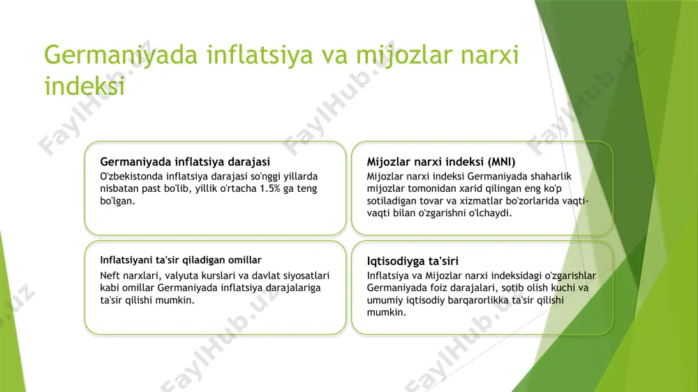 mintaqalarda sanoat ishlab chiqarish darajalari. germaniya hukumati regional farqliliklarni bartaraf etish uchun turli siyosatlar va loyihalarni amalga oshirgan, masalan, infratuzilma investitsiyalari va noaniq mintaqalarda kichik bizneslarga qo'llab-quvvatlash. germaniyada iqtisodiy holat va prognoslar joriy iqtisodiy holat germaniyaning iqtisodiyoti hozirgi vaqtda yevropa bo'ylab eng katta hisoblanadi, sanoat, texnologiya va eksportga kuchli e'tibor qaratadi. rivojlanish va kengayish prognozlar, ko'proq ichki iste'mol, infrastrukturaga investitsiyalar va xizmatlar sohasida rivojlanayotgan iqtisodiy o'sishni ko'rsatadi. muammo va risklar qat'iy bashoratlarga qaramasdan, potentsial muammo va risklar global savdo mablag'larini, brexit ta'siri va barqaror energiya echimlarini o'z ichiga oladi. e'tiboringiz uchun rahmat!