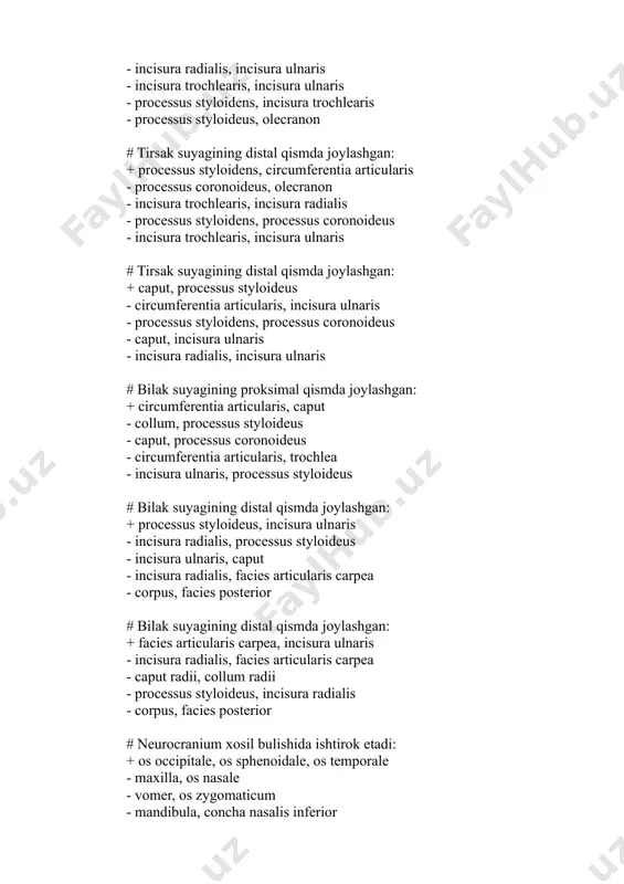 - os lacrimale - concha nasalis inferior - os palatinum # neurocranium xosil bulishida ishtirok etadi: + os frontale - concha nasalis inferior - os lacrimale - vomer - mandibula # neurocranium xosil bulishida ishtirok etadi: + os temporale - os palatinum - mandibula - os lacrimale - os zygomaticum # cranium viscerale xosil bulishida ishtirok etadi: + maxilla, os lacrimale - os temporale, os palatinum - os parietale - os frontale - os sphenoidale # maxilla da bo‘ladi: + alveoli dentales - lamina horizontalis - foramen spinosum - foramen ovale - lamina perpendicularis # maxilla da bo‘ladi: + corpus maxillae - foramen spinosum - foramen ovale - lamina horizontalis - lamina perpendicularis # maxilla da bo‘ladi: + fossa canina - foramen spinosum - foramen ovale - lamina horizontalis - lamina perpendicularis # maxilla da bo‘ladi: + facies nasalis - lamina horizontalis - lamina perpendicularis - processus lacrimalis - foramen …