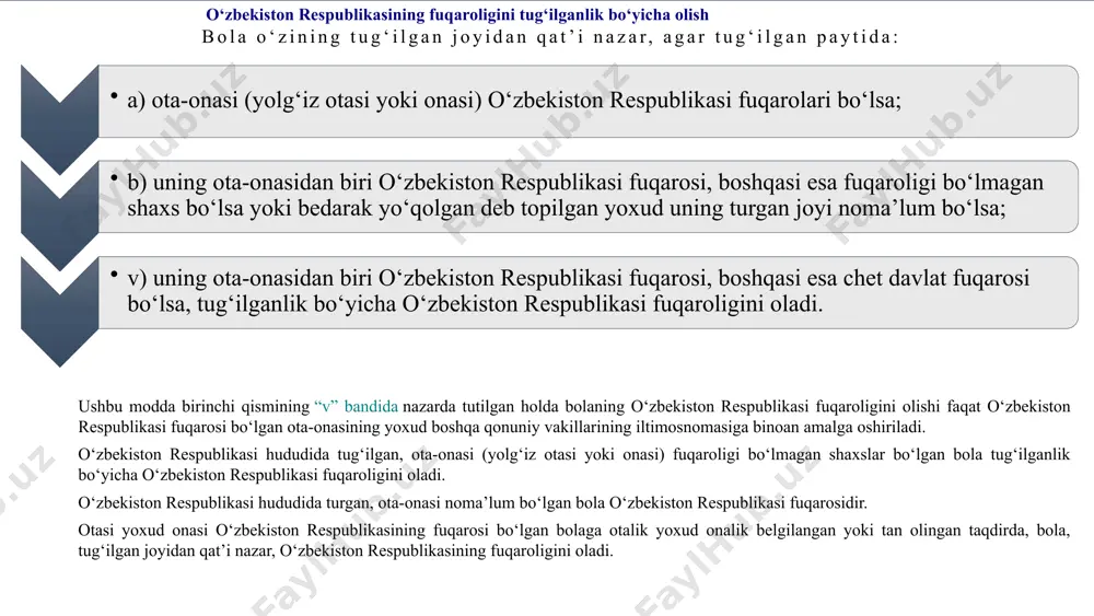 hollarda, o‘zbekiston respublikasida doimiy yashash fakti doimiy yashash joyi bo‘yicha ro‘yxatga olinganligi to‘g‘risidagi belgining mavjudligi bilan tasdiqlanadi. o‘zbekiston respublikasining fuqaroligiga mansublikni aniqlash chog‘ida, ushbu modda birinchi qismining “a” va “b” bandlarida nazarda tutilgan hollarda, shaxsning o‘zbekiston respublikasi fuqaroligiga mansubligi bilan bog‘liq holatlar boshlangan paytda amalda bo‘lgan o‘zbekiston respublikasining xalqaro shartnomalari va qonunchilik hujjatlarida qo‘llaniladi. o‘zbekiston respublikasi fuqaroligiga ega bo'lish usullari tug'ilish agar bolaning ota-onasi yoki ulardan biri o'zbekiston respublikasi fuqarosi bo'lsa, bola ham o'zbekiston respublikasi fuqarosi hisoblanadi. tabiiy ravishda muayyan muddatdan beri o'zbekistonda doimiy yashash, o'zbekiston fuqaroligini olish imkonini beradi. davlat tomonidan taqdim etish qonunchilikka muvofiq, o'zbekiston respublikasi prezidenti fuqarolikni taqdim etishi mumkin. umumiy asoslarda xorijlik shaxs o'zbekiston fuqaroligini qonunchilikka muvofiq olishi mumkin. 13-modda. o‘zbekiston respublikasining fuqaroligini olish asoslari o‘zbekiston respublikasining fuqaroligi quyidagi hollarda olinadi: tug‘ilganlik bo‘yicha; bola farzandlikka olinganda; o‘zbekiston respublikasining fuqaroligiga qabul qilish va uni tiklash natijasida. o‘zbekiston respublikasining fuqaroligi o‘zbekiston respublikasining xalqaro shartnomalarida va ushbu qonunda nazarda …