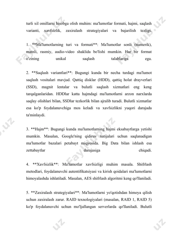 cloud platform (gcp) kabi xizmatlar kengayish imkoniyatlari bilan ajralib turadi. 2023 yilda bulutli xizmatlardan foydalanuvchilarning miqdori ko'paygan va bu bozorning hajmi 600 milliard aqsh dollaridan oshiqroq deb baholangan. 10. **energiya samaradorligi**: katta hajmdagi ma'lumotlarni saqlash uchun katta energiya talablari bo'ladi. shuning uchun kam energiya sarflaydigan ma'lumot markazlari va texnologiyalar ishlab chiqilmoqda. interfeyslar va bosqichlarni avtomatlashtirish energiyani tejashda muhim rol o'ynaydi. ushbu nuqtalar ma'lumotlarni saqlash arxitekturasining muhim jihatlari hisoblanadi. texnologiyalar tez rivojlanib, yangi imkoniyatlar paydo bo'lib borayotgani sababli, ma'lumotlarni saqlash va boshqarish usullari ham doimiy takomillashtirilmoqda. 2. ma'lumotlarni qayta ishlash dasturlari ma'lumotlarni qayta ishlash dasturlari zamonaviy texnologiyalar rivoji bilan juda keng qo'llanilmoqda. ushbu dasturlar tomonidan amalga oshiriladigan asosiy vazifa – katta hajmdagi ma'lumotlarni tahlil qilish, ularni tartiblash, saqlash va foydalanuvchiga qulay shaklda taqdim etishdir. ko'pgina tarmoqlar va sohalar, jumladan moliya, sog'liqni saqlash, biznes, marketing va boshqalar, o'z faoliyatida ma'lumotlarni qayta ishlash dasturlaridan keng foydalanadi. 1990-yillardan boshlab dunyo bo'ylab kompyuter texnologiyalari tez …