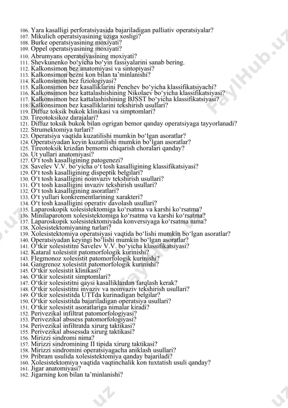 k yara kasalligi klinikasi uziga xosligi? 77. yara kasalligining tekshirish usullari? 78. me’da va o‘n ikki barmok ichak yara kasalligida palliativ operatsiyalar? 79. me’da va o‘n ikki barmok ichak yara kasalligida radikal operatsiyalar? 80. o‘n ikki barmok ichak surunkali yara kasalligini konservativ davolash usuli? 81. me’da va o‘n ikki barmok ichak yara kasalligi qanday asoratlari bor? 82. pilorostenoz nima? 83. pilorostenozning qanday bosqichlari bor? 84. qaysi tekshirishlarga kura pilorostenoz bosqichlari farqlanadi? 85. penetratsiya nima? 86. penetratsiyaning morfologik bosqichlari? 87. penetratsiya klinikasi? 88. vagotomiya turlari? 89. piloroplastika turlari? 90. palliativ operatsiyalarga qaysi operatsiyalar kiradi? 91. me’da rezeksiyasi turlari? 92. yara malignizatsiyasida xirurg taktikasi qanday? 93. limfadisseksiyaning qanday turlari bor? 94. bilrot ining qanday modifikatsiyalari bor? 95. bilrot iining qanday modifikatsiyalari bor? 96. me’da va unikki barmok ichak yara kasalligida kon ketishning savelev v.v. bo‘yicha klassifikatsiyasi? 97. gastroduodenal kon ketishning struchkov bo‘yicha drajalari? 98. gastroduodenal kon ketishning forrest bo‘yicha endoskopik klassifikatsiyasi? 99. …
