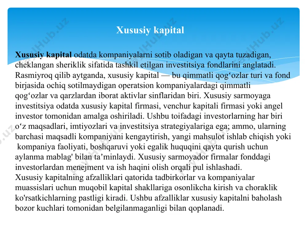 a nisbatan xususiy sarmoyalarni moliyalashtirish bunday kompaniyalarga noodatoksal o'sish strategiyasini ochiq bozor porlashidan uzoqlashtirishda yordam berishi mumkin. aks holda, choraklik daromadning bosimi yuqori menejment uchun kompaniyani aylantirish yoki yo'qotishlarni kamaytirish yoki pul ishlashning yangi usullari bilan tajriba o'tkazish uchun vaqtni keskin qisqartiradi. xususiy kapitalning o'ziga xos muammolari bor. birinchidan, xususiy kapital fondlarini tugatish qiyin bo'lishi mumkin, chunki ommaviy bozorlardan farqli o'laroq, xaridorlarni sotuvchilar bilan mos keladigan tayyor buyurtma kitobi mavjud emas. firma o'z sarmoyasini yoki kompaniyasini sotish uchun xaridorni qidirishni amalga oshirishi kerak. ikkinchidan, xususiy kapitaldagi kompaniya uchun aktsiyalarga narx belgilash, odatda, ochiq ro'yxatga olingan kompaniyalar uchun bo'lgani kabi, bozor kuchlari bilan emas, balki xaridorlar va sotuvchilar o'rtasidagi muzokaralar orqali belgilanadi. uchinchidan, xususiy kapital egalarining huquqlari odatda davlat bozorlarida o'zlarining hamkasblari uchun huquqlarni belgilaydigan keng boshqaruv doirasi o'rniga muzokaralar yo'li bilan har bir holda qaror qilinadi. xususiy kapitalning kamchiliklari 2.xususiy kapitalning tarikibiy tuzilishi , uni tahlil etish, mazmuni va vazifalari …