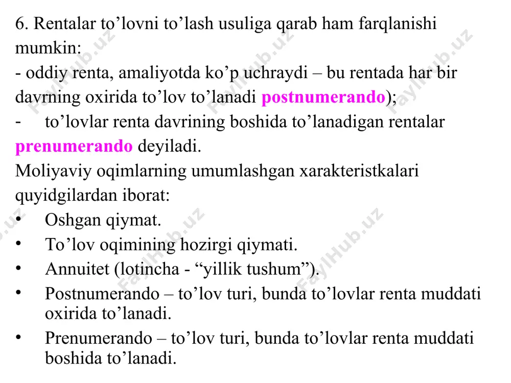 /effectiverate(r, m); (7) formulaga mos hisoblash: > with(finance):presentvalue(r/p,r*n,n*m)* *effectiverate(r*n, n*m)/ effectiverate(r/p, m/p); 4-masala. kompaniya bankdagi depozitga 5 yil davomida har yil oxirida 500 ming so’m qo’yadi. bankning yillik foiz stavkasi 30% bo’lsa kompaniyaning daromadini joriy qiymatini toping? berilgan: n=5; m=1; r = 500 ming so’m; r =30%;p=1. topish kerak: pv = ? yechish: bevosita (6) matematik formula yordamida hisoblash: excelning moliyaviy funksiyasi orqali hisoblash: pv(a) = пс(0.3;5;; 4 521.55;) = 1 217.78 ming so’m, pv(a)= пс(0.3;5;;500;)/ бс(0.3;1;;-1;)=1 217.78 ming so’m, maple 9.5 dasturi yordamida hisoblash: amaliyotda, ko’pgina moliyaviy masalalarda doimiy bir xil miqdordagi qancha qiymatni ma’lum muddat davomida doimiy ravishda o’tkazib, mo’ljaldagi oshgan qiymatni olish mumkin bo’ladi, yoki ma’lum miqdordagi boshlang’ich qiymatni ma’lum muddat davomida qanchadan doimiy olib turish mumkin degan masalalarga kelinadi. bu masalalarni renta hadini topish orqali hal qilinadi. 4. annuitetning yillik to’lov qiymati, ya’ni renta hadini aniqlash agar to’lov o’tkazishlar va foizlarni hisobga olishlar soni yiliga bir …