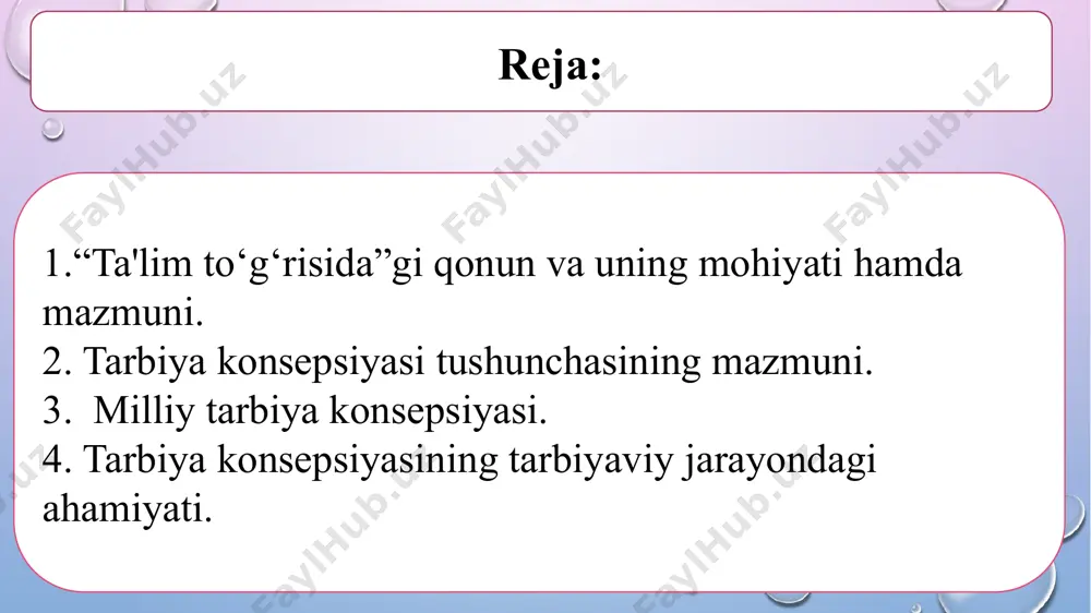 lgan davr); ikkinchi bosqich — maktabgacha ta’lim 3 — 6 (7) yoshgacha bo‘lgan davr; uchinchi bosqich — umumiy o‘rta ta’lim tizimida (ikki davr asosida: birinchi davr — 7 (6) — 10 yosh boshlang‘ich sinf, ikkinchi davr — 11 — 17 yosh o‘rta va yuqori sinflar); uzluksiz ma’naviy tarbiya konsepsiyasi quyidagi bosqichlarni qamrab oladi: to‘rtinchi bosqich — ishlab chiqarishda faoliyat ko‘rsatayotgan va band bo‘lmagan yoshlar, shuningdek, o‘rta maxsus kasb-hunar va oliy ta’lim muassasalari tizimida (ikki davr asosida: birinchi davr — o‘rta maxsus kasb-hunar va oliy ta’lim bilan qamrab olinmagan, shuningdek, ishlab chiqarishda faoliyat ko‘rsatayotgan va band bo‘lmagan yoshlar — 17 — 30 yosh, ikkinchi davr — o‘rta maxsus kasb-hunar, oliy ta’lim muassasalarining o‘quvchi-talabalari 15 — 22 (24) yosh). umumiy o‘rta ta’lim muassasalarida i — xi sinflar uchun “odobnoma” , “vatan tuyg‘usi”, “milliy istiqlol g‘oyasi va ma’naviyat asoslari”, “dinlar tarixi” fanlarini birlashtirgan holda “tarbiya” fanini joriy qilish. e’tiboringiz uchun rahmat! image3.png image2.png …