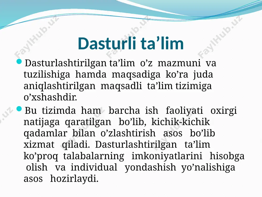 diiy matn tuzing. matnlarni o`quvchilar o`qib berishadi va eng yaxshi yozilgan ilmiy va badiiy matn guruhdan tanlab olinadi. matn yozishga 15 daqiqa vaqt ajratilishi kerak. «qora quti » metodi o`quvchilarni 6ta guruhga bo`lamiz. har bir guruhga bittadan topshiriq beramiz. qaysi guruh topshiriqni aniq va to`gri bajarsa u guruhdan bir kishi o`qituvchi vazifasini bajaradi. “o`qituvchi”har bir guruhga berilgan so`zlarga o`ntadan misol yozishni buyiradi. bu jarayon o`qituvchi tomonidan ham sinchkovlik bilan kuzatib boriladi. «3/3» («4/4», «5/5», ...) metodi morfologiya kursini yakunlashga doir mashqlar bajarish. avval sinfni 3ga bo`lib olamiz. i.birinchi guruh- morfologik birliklarni topadi; ii.ikkinchi guruh- morfologik birliklarning ma’nosini izohlaydi; iii. uchinchi guruh- har bir morfologik birlikka kamida 2tadan misol aytadi. bu mashqni bajarish uchun 15 daqiqa vaqt ajratiladi. morfologiya bo`limiga oid tushunchalarni ajratib, ularning ma’nosini sharhlang. «qizil va yashil rangli kartochkalar bilan ishlash » metodi o`qituvchi tahsil oluvchilarining soniga ko`ra har bir tahsil oluvchi uchun qizil va yashil rangli kartochkalar hamda …