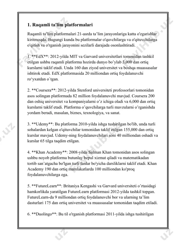 zamonaviy ta'lim tizimida muhim ahamiyatga ega. bugungi kunda internet orqali o'qitish ko'plab maktablar, universitetlar va ta'lim muassasalari tomonidan qo'llanilmoqda. onlayn darslar o'quvchilarga masofaviy ta'lim olish, o'z vaqtlarini yanada samarali tashkil qilish va global bilim manbalaridan foydalanish imkoniyatlarini beradi. statistik ma'lumotlarga ko'ra, 2022-yilda dunyo bo'ylab onlayn ta'lim bozorining hajmi 250 milliard aqsh dollariga yetdi. bu ko'rsatkich 2025-yilga kelib 350 milliard aqsh dollarigacha oshishi kutilmoqda. yunesko tashkiloti ma'lumotlariga ko'ra, pandemiya davrida 1,6 milliarddan ortiq o'quvchi va talaba uyda qolgan va ular onlayn ta'lim platformalaridan foydalangan. onlayn ta'lim platformalarining eng mashhurlari qatoriga coursera, edx, udemy, khan academy va duolingo kiradi. courserada 2022-yil oxiriga kelib 92 million foydalanuvchi, 200 dan ortiq universitetlar va tashkilotlar tomonidan 4300 dan ortiq kurslar taqdim etilgan edi. edx platformasi esa 20 milliondan ortiq foydalanuvchi va 2500 dan ziyod kurslar bilan faoliyat yuritadi. onlayn dars jarayonlari orasida interaktiv video darslar, masofaviy seminarlar, virtual laboratoriyalar, va birgalikda ishlash imkoniyatlari kabi turli …