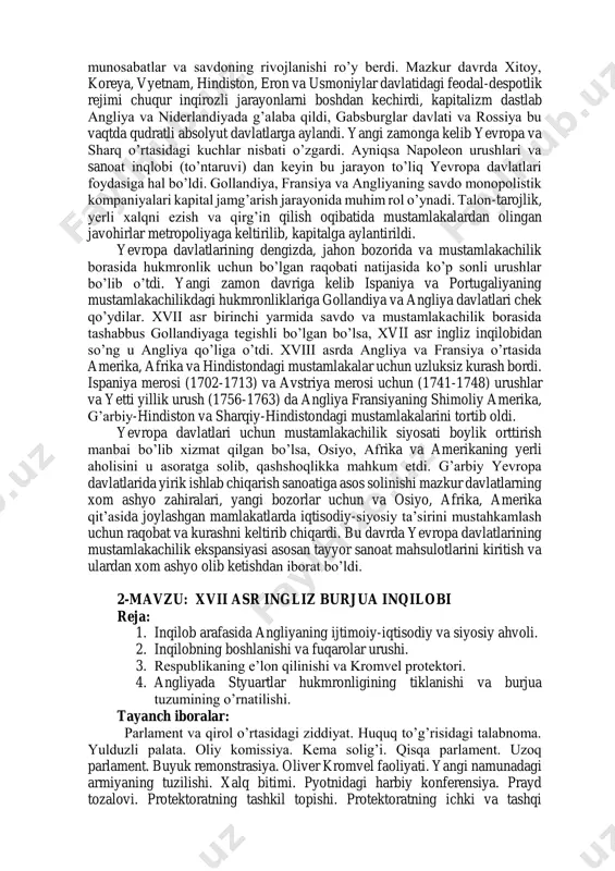 atlarida kapitalistik bozor munosabatlari shakllana boshladi. bu mamlakatlarda feodal munosabatlarning yemirilishi burjua inqiloblariga va kapitalistik tuzumni o’rnatilishiga olib keldi. osiyo va afrikaning kator mamlakatlarida esa hamon feodal munosabatlar hukmronlik qildi. kapitalistik bozor munosabatlarining dastlabki belgilari xvi asrda ya’ni, ilk kapital jamg’arish jarayonining paydo bo’lishi bilan boshlangan edi. bu jarayon ishlab chikarish vositalarini kapitalga, ishlab chiqaruvchilarni esa yollanma ishchilarga aylantirdi. kapitalning dastlabki jamg’arilish jarayoni ishlab chikarish kuchlarining buzilishi, osiyo, afrika va amerika xalqlarining aksariyatini ajnabiy bosqinchilar tomonidan varvarlarcha talanishi bilan, amerikada oltin va kumush zahiralarini kashf qilinishi oqibatida mahalliy aholi shafqatsizlarcha ekspluatasiya qilinib, tiriklay konlarga ko’mildi. afrika hududi qora tanli aholi ovlanadigan maydonga aylantirilib, 30 millionga yaqin afrikaliklar zo’rlik bilan amerika kit’asiga olib ketilib, qulga aylantirilgan. jahon tarixining yangi zamon davriga kelib tarix tom ma’noda jahon tarixiga aylandi. chunki bu davrda xususiy ishlab chiqarishning mahalliyligi va milliy biqiqligi o’rniga davlatlarning o’zaro aloqadorligi, xalqaro munosabatlar va savdoning rivojlanishi ro’y berdi. mazkur davrda …