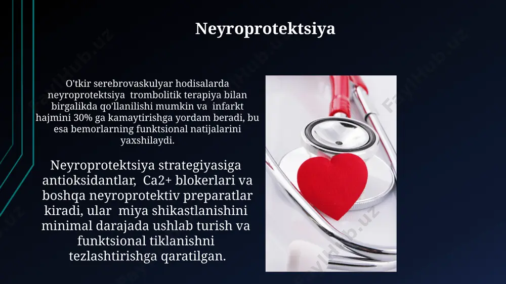lan, mannitol, omqbda miya shishini kamaytirish va bemorning prognozini yaxshilash uchun qo'llaniladi, lekin ularning samaradorligi har xil bo'lishi mumkin va ehtiyotkorlik bilan qo'llanilishi lozim. omqbda trombolitik terapiya faqat alomatlar boshlanganidan keyin 4,5 soat ichida qo'llanishi mumkin va bemorning yoshi, boshqa kasalliklari va qon ivish ko'rsatkichlari hisobga olinishi kerak. o'tkir miya qon aylanishining buzilishi diagnostikasi elektrokardiogramma (ekq) miya qon aylanishining buzilishiga sabab bo'lgan yurak aritmiyalarini, masalan, atrial fibrillyatsiyani aniqlash uchun qo'llaniladi va shu bilan birga, bemorning umumiy yurak holatini baholashda yordam beradi. o'tkir miya qon aylanishining buzilishi diagnostikasida bemorning klinik ko'rinishi, shu jumladan, neyrologik defitsitning og'irligi va turini aniqlash, birinchi 3 soat ichida juda muhim hisoblanadi. yurak ritmini nazorat qilish yurak ritmini nazorat qilishda pulsning kuchini, ritmini va chastotasini aniqlash orqali gipovolemiya yoki qon tomir yetishmovchiligiga bog'liq muammolarni erta aniqlash mumkin. bradikardiya yoki taxikardiya kabi ritm buzilishlarini aniqlash uchun har 1-2 soatda yoki bemorning holatiga qarab tez-tez yurak urish tezligini va …