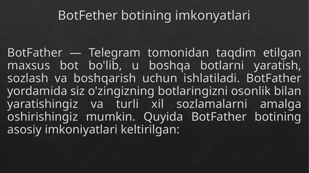 akat qiladi. bu botning ochilib qolmasligiga, uzoq muddat davomida foydalanuvchilarga xizmat ko‘rsatib turishiga imkon beradi. foydalanilgan adabiyotlar 1. "python crash course, 3rd edition" – by eric matthes (2023) - ushbu kitob python dasturlash tilini tezda o'rganish va amaliy loyihalar bilan mustahkamlash uchun mo‘ljallangan. 2. "fluent python, 2nd edition" – by luciano ramalho (2022) - kitob python’ning ilg‘or xususiyatlarini chuqur o'rganish va samarali dasturlash usullarini tushuntiradi. 3. "automate the boring stuff with python, 2nd edition" – by al sweigart (2021) - python orqali kundalik vazifalarni avtomatlashtiriash bo‘yicha amaliy qo‘llanma. 4. "python for data analysis, 3rd edition" – by wes mckinney (2022) - ma'lumotlarni tahlil qilish, tozalash va qayta ishlash bo‘yicha ma'lumotlarga boy kitob. 5. "python programming for beginners: an introduction to the python computer language and computer programming" – by mark matthes (2022) - python bilan dasturlashni endi boshlaganlar uchun mukammal qo‘llanma. 6. "effective python: 90 specific ways to write better …