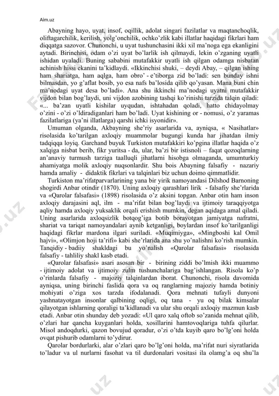 arni aytib yurgan maqollari ichida, – deydi abay, – ishga yaroqlisi ham, yaroqsizi ham bor. ba’zilari yaroqsiz bo’lishi u yoqda tursin, hatto na musulmonchilikka va na odamgarchilikka to’g’ri keladi. avva’lo: «faqir bo’lsang – orsiz bo’l!» deyishadi. ordan ayrilib tirik yurgandan ko’ra, o’lgan afzal... «oltinni ko’rsa farishta ham yo’ldan ozadi», deyishadi. sadqai farishta ketgurlar - ey! bu shunchaki ularning o’z shum niyatlarini ma’qullamoqchi bo’lib aytganlari emasmi?... «yarim kunlik umring qolsa ham, bir kunlik mol yig’», «o’zingda yo’q bo’lsa, otang ham dushman», «mol – odamning jigar go’shti», «moli ko’pning – yuzi yorug’, moli yo’qning yuzi – choriq», «egan og’iz uyalar», «olag’on ko’zim berag’on»... bundan ma’lum bo’ldiki, qozoqlar tinchlik uchun g’am emas ekan, balki aksincha mol - dunyo uchun g’am chekar ekan... agar moli bor bo’lsa, o’z otasi bilan ham yovlashishdan uyalishmas ekan... ishqilib, o’g’rilik, shumlik, tilanchilik, qo’ying - chi, shunga o’hshash yaramas fazilatlar (ya’ni illatlar) bilan mol topsa ham buni ayb sanamasligimiz …