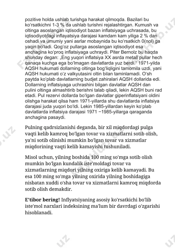 da inflatsiya darajasi juda yuqori boʻldi. lekin 1985-yillardan keyin koʻplab davlatlarda inflatsiya darajasi 1971 −1985-yillarga qaraganda anchagina pasaydi. pulning qadrsizlanishi deganda, bir xil miqdordagi pulga vaqti kelib kamroq bo'lgan tovar va xizmatlarni sotib olish, ya'ni sotib olinishi mumkin bo'lgan tovar va xizmatlar miqdorining vaqti kelib kamayishi tushuniladi. misol uchun, yilning boshida 100 ming so'mga sotib olish mumkin bo'lgan kundalik iste'moldagi tovar va xizmatlarning miqdori yilning oxiriga kelib kamayadi. bu esa 100 ming so'mga yilning oxirida yilning boshidagiga nisbatan xuddi o'sha tovar va xizmatlarni kamroq miqdorda sotib olish demakdir. e'tibor bering! inflyatsiyaning asosiy ko'rsatkichi bo'lib iste'mol narxlari indeksining ma'lum bir davrdagi o'zgarishi hisoblanadi. iste'mol narxlari indeksi – uy-xo'jaliklari talabidan kelib chiqib, ma'lum bir tovar va xizmatlar umumiy narxlarining o'rtacha o'zgarish darajasini aks ettiradi. ushbu umumiy ko'rsatkich iste'mol savatidagi har bir tovar va xizmat uchun narxlarning o'zgarishini inobatga olgan holda hisoblanadi. matbuot anjumanida ta`kidlanganidek, inflyatsiya - bu barcha tovar va xizmatlarga bo`lgan …