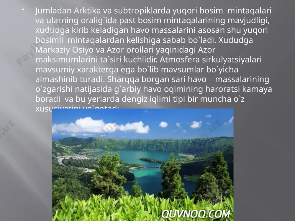 ing o`tkinchi iqlimi tipidagi daryolar odra tipidagi daryolarni hosil qiladi. ularni suv rejimi bir hilda emas. ular yomg`ir va qor suvlaridan to`yinadi. bu daryolarga visla va odra misol bo`ladi. ular asosan yomg`ir va qor suvlaridan to`yinib qishda muzlaydi. bahorda to`planib qolgan qorlarning erishi natijasida juda ham to`lib oqadi. dunaybo`yi tekisliklari daryolari rejimi yuqoridagi daryolarga o`xshaydi. ular aralash to`yinadi. o`rtacha balandlikdagi gersin tog`lari daryolari ikki marta to`lib oqadi va ikki marta suvi kamayadi. daryolar ancha sersuv va tez oqadi. ularning vodiylari nisbatan chuqur va tor, nishabligi yuqori bo`ladi. bu daryolarga dunay, elba, odra, luara yuqori oqimlari qiradi. alp tipidagi daryolarning muz va doimiy qorlardan iborat katta suv zahirasi mavjud. ularga yuqori reyn, dunayning alp tog`laridan boshlanuvchi irmoqlari, rona, po daryolarining ba`zi irmoqlari kiradi. o`rtadengizbo`yi daryolari rejimi asosan yomg`ir bilan bog`liq. qishda to`lib oqadi, yozga kelib bug`lanishning ortishi natijasida ba`zi daryolar butunlay qurib qoladi. ularga ebro, tibr va bolqon yarimorolining ba`zi daryolari …