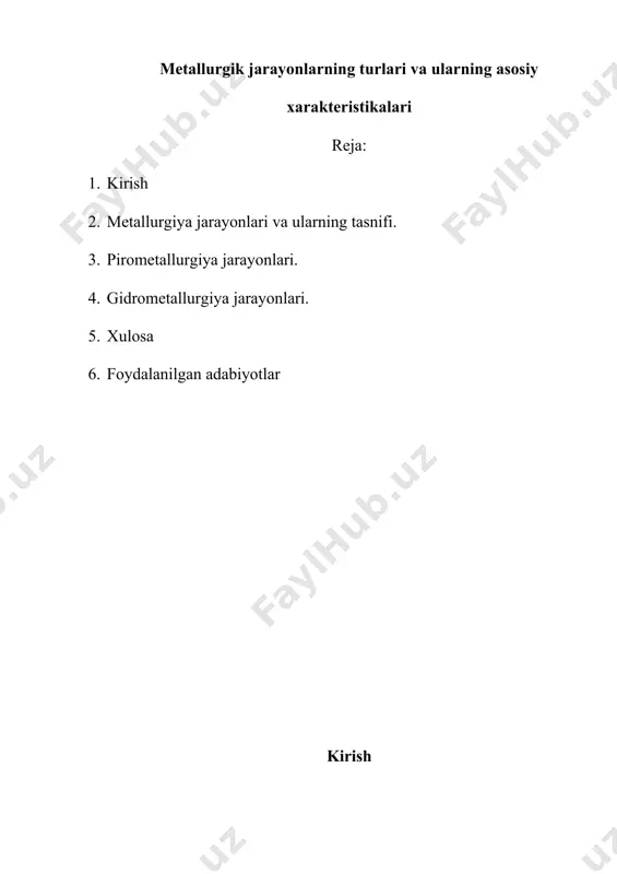birliklarida sodir bo'ladi va shuning uchun pirometallurgiya ba'zan "yuqori haroratli kimyo" deb ataladi. ko'pincha kimyoviy reaktsiyalar reaksiyaga kirishuvchi moddalarning agregatsiya holatining o'zgarishi bilan birga keladi: erish, sublimatsiya, hosil bo'lgan metallar yoki ularning birikmalarining bug'lanishi. bunday jarayonlarda har qanday birikmada qattiq, suyuq (eritmalar) va gazsimon shakllar o'rtasida o'zaro ta'sirlar sodir bo'lishi mumkin. pirometallurgiya jarayonlari harorat va fazalarning tabiatiga ko'ra ikkita katta guruhga bo'linadi: qovurish va metallurgiya eritish. qovurish - bu materialning (ruda, konsentrat) erishi hali boshlanmagan, ammo kimyoviy va mineral tarkibida ma'lum bir o'zgarish sodir bo'lgan haroratgacha qizdirilishi. qovurish jarayonida barcha jarayonlar qattiq va gazsimon fazalar o'rtasida 500-1000-1200 0 s gacha bo'lgan haroratlarda sodir bo'ladi. odatda, ruda materiallarini qovurish pirometallurgik yoki gidrometallurgik qayta ishlashning keyingi bosqichlaridan oldin tayyorgarlik jarayoni sifatida ishlatiladi. bu jarayon tog'-kon sanoatining turli tarmoqlarida qo'llaniladi. davom etayotgan jarayonlarning tabiatiga ko'ra qovurishning quyidagi turlari ajratiladi: oksidlovchi, qaytaruvchi, sulfatlash, kuyish (kuyitlash), xlorlash va florlash, aglomeratsiya bilan qovurish, sulfat-xlorlash va boshqalar. …