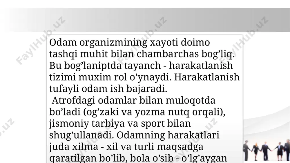alari muskullarga harakat davomida tayanch sifatida hizmat qiladi sklet elementlari, birlashmalari va muskullari birgalikda harakatlanish organlarini hosil qiladi . shu bilan birga sklet elementlari organlar sistemasini himoya qilish vazifasini ham bajaradi (bosh suyagi,umurtqa kanali, ko’krak qafasi). tananing umumiy ramka ishi asosan bir qator suyaklardan iborat bo'lib, ma'lum hududlarda xaftaga parchalari bilan to'ldiriladi; ramkaning suyak qismi skeletni tashkil qiladi. ong suyaklari.- uzoq suyaklar oyoqlarda joylashgan va ularning har biri tanadan yoki mildan va ikkita ekstremitadan iborat. badan, yoki diaphysisis silindr, markaziy bo'shlig'i bilan medullary kanali deb ataladi;devor zich iborat, tananing o'rta qismida muhim qalinligi ixcham to'qima, lekin oyoqlarning tomon yupqaroq bo'lib; medullary kanal ichida ba'zi bekor to'qima bo'ladi, uchlari tomon miqdorda tana o'rtasida kam, lekin katta. ekstremitalar odatda articulation maqsadlari uchun va mushaklar biriktirilishi uchun keng sirtlarga ega bo'lish uchun kengaytirildi. ular, odatda, epiphyses deb ataladi ossification alohida markazlaridan ishlab chiqilgan, va ingichka ixcham suyagi bilan o'ralgan saraton to'qimalarining iborat. medullar …