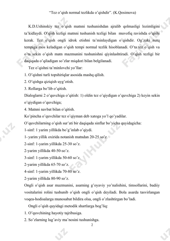 ollarga javobidan aniqlanadi. ongli o’qish bilan ifodali o’qish biri ikkinchisini taqozo etadi. ifodali o’qish. asarni uning g’oyasiga, yozuvchining niyatiga mos ravishda, o’qish, asar jozibasini ifodalab, ravon aniq, to’g’ri o’qish ifodali o’qish deyiladi. ifodali o’qish adabiyotni aniq va ko’rgazmali o’qitishning dastlabki va asosiy formasidir. o’qituvchi ifodali o’qish orqali asar mazmunini va emosionalligini o’quvchilarga ko’rgazmali ravishda etkazadi. intonasiya – urg’u, temp, ritm, to’xtam, ovozning baland-pastligining yig’indisi. bular og’zaki nutq elementlaridir. bu orqali qahramonlarining turli kayfiyatlari, ichki kechinmalari ifoda etiladi. ifodali o’qishni egallashning asosiy shartlari: 1. nafasni to’g’ri olish va to’g’ri sarflash. 2. tovushlarni aniq talaffuz qilish, burro gapirish. 3. adabiy talaffuz normalarini egallash. bular ifodali nutqqa ham taalluqli. ifodali o’qish shartlaridan yana biri ovozning baland-pastligi, yoqimliligi, uni o’rnida asar mazmuniga mos holda o’zgartira olishlik. ifodali o’qishga tayyorlanish shartli ravishda uch bosqichga bo’linadi: 1. qaxramonlarning xatti-harakatini tahlil qilish, g’oyasini belgilash, badiiy vositalarning vazifasini tushunish. demak, asar tahlili ifodali o’qishni ta’minlaydi. 2. pauzaning, urg’uning …