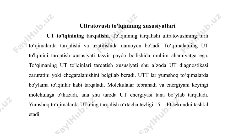 a) bir yoki bir nechta transdyuserdan iborat. har bir transdyuser ma’lum bir chuqurlikda fokuslangan. datchik yoki generatorning turiga qarab ut to'lqinlari oqimining shakli va o'lchami turlicha bo'ladi transdyuserlar https://images.app.goo.gl/9uwhfwkjkyfynbdza datchik turlari chiziqli konveksli sektorli chiziqli datchiklarni qo‘llaganda kesim to‘g‘ri burchak ko‘rinishida bo‘ladi. bu datchiklarni akusherlik amaliyotida, qalqonsimon bez va sut bezini tekshirishda qo'llash qulay hisoblanadi sektorli datchiklarni qo’llaganda kesim o‘tkir burchak ko‘rinishida bo'ladi. bu datchiklar uncha katta bo'lmagan maydonni tekshirishda qulay hisoblanadi. ular qorin bo‘shlig‘i yuqori sohalarini tekshirish uchun ginekologiya va kardiologiya sohalarida keng qo'llaniladi https://images.app.goo.gl/qschsjp4fdagw1rka https://images.app.goo.gl/kuzfwuf79wdt2vgv8 konveksli datchik kesim ko'rinishi chiziqli va sektorli datchiklarning kesim ko'rinishi orasidagi shakl bo'ladi. bunday datchiklar exokardiografiyadan tashqari barcha sohalarda keng qo'llaniladi https://images.app.goo.gl/p7tquhktzgkvtdwj8 datchiklarning ishlatilishi akusherlikda — chiziqli va konveksial datchiklar umumiy amaliyotda — sektorli va konveksial ichki a’zolar ultratovush diagnostikasi. ut tekshiruvlarining maqsadi tekshiruv obyektining joylashishi, harakatchanligi, shakli, chegaralari, tovush o‘tkazuvchanligi, exo tuzilishi, funksional ko’rsatkichlarini aniqlashdan iboratdir. tekshiruv obyektining joylashishi va obyekt atrofida …