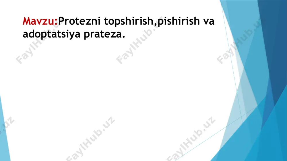 tomonida sun'iy tishlar va biroz kichikroq mum asosi mavjud tubi o'rtasida gips qatlami uchun joy yaratadigan xandaq poydevorining yon tomonining balandligi kyuvetalar va sun'iy tishlar barcha gipsli yuzalar yaxshi tekislangan bo'lishi kerak, ularsiz kyuveta yarmini ajratishga to'sqinlik qiladigan ushlab turish nuqtalari kelajakda jarayon yuqorida tavsiflanganidan farq qilmaydi, faqat keyin. kyuvetaning yarmi ajratilganda, tishlar va qisqichlar qarama-qarshi qismga o'tadi kyuvetaning (tayanch) va model yuqori yarmida qoladi. tishlarni joylashtirishda gips quyishning teskari usuli qo'llaniladi sun'iy saqich. usulning afzalliklari: oddiy. kamchiliklari: sun'iy tishlarda tishlashni oshiradi gipsning kombinatsiyalangan usuli to'g'ridan-to'g'ri va elementlarni o'z ichiga oladi teskari old tishlar qo'yilgan hollarda qo'llaniladi kirish, yon tomonlari esa sun'iy saqichda. shu bilan birga, tishlar qo'yiladi tikuv, gipsli rulon bilan yoping (to'g'ridan-to'g'ri usul), yon tomonlari qoladi oching va kyuvetaning ikkinchi yarmiga o'ting (teskari usul). gips modellar kyuvetaning tagida ishlab chiqariladi. kuetaga ko’mgandan keyin 8 min qaynatamiz bunda mum erib ketadi va tishla gipssda qoladi keyin plastmassa bosishdan oldin …
